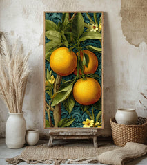 Vintage Citrus Botanical Wall Art, Tall Vertical Framed Canvas, Orange Fruit Illustration, Classic Kitchen Decor