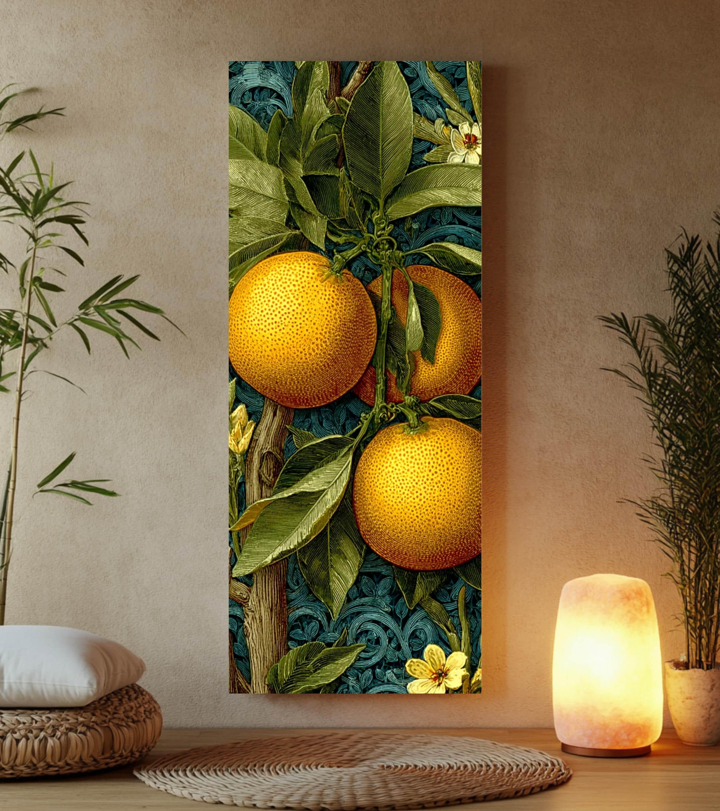 Vintage Citrus Botanical Wall Art, Tall Vertical Framed Canvas, Orange Fruit Illustration, Classic Kitchen Decor