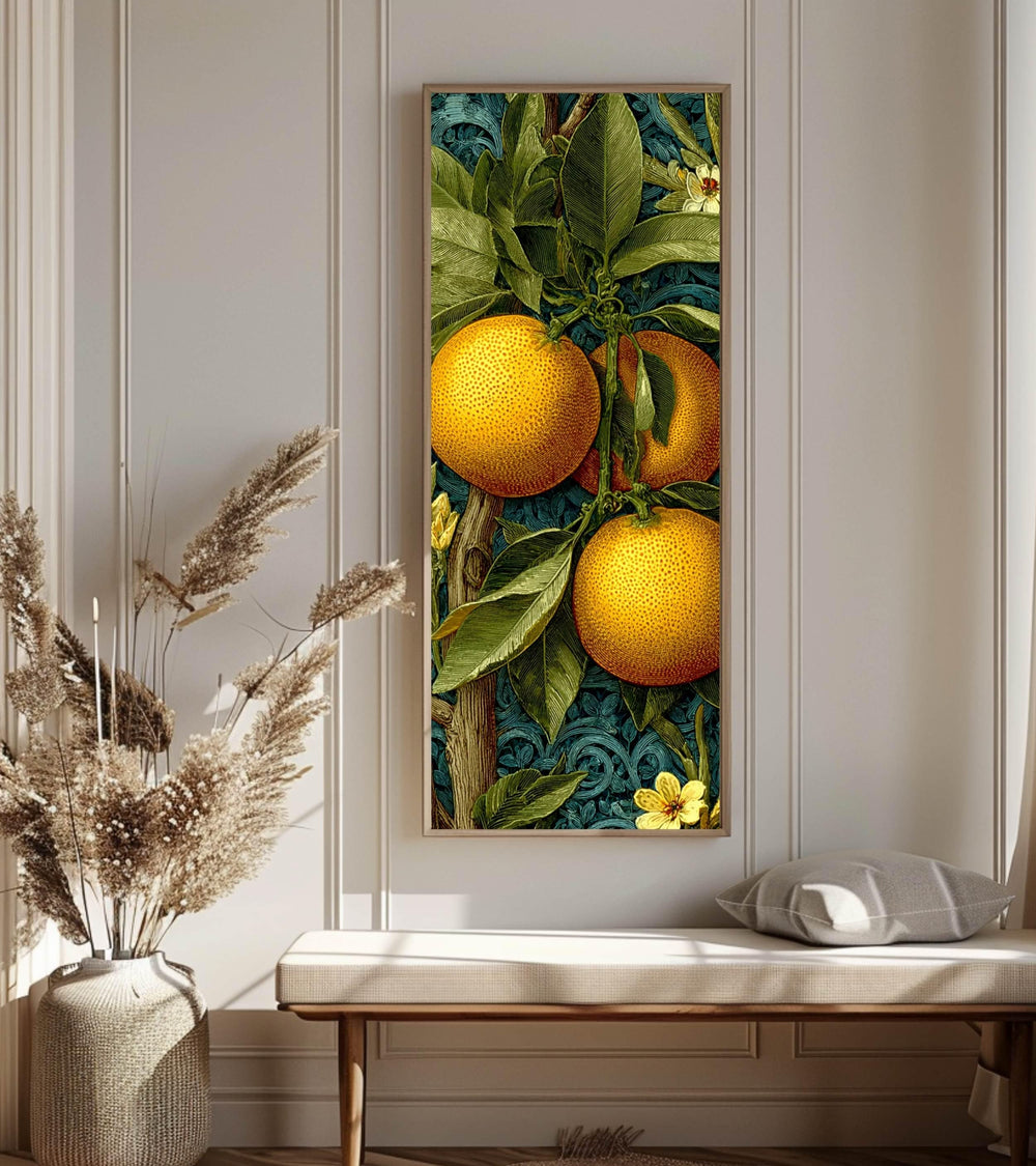 Vintage Citrus Botanical Wall Art, Tall Vertical Framed Canvas, Orange Fruit Illustration, Classic Kitchen Decor