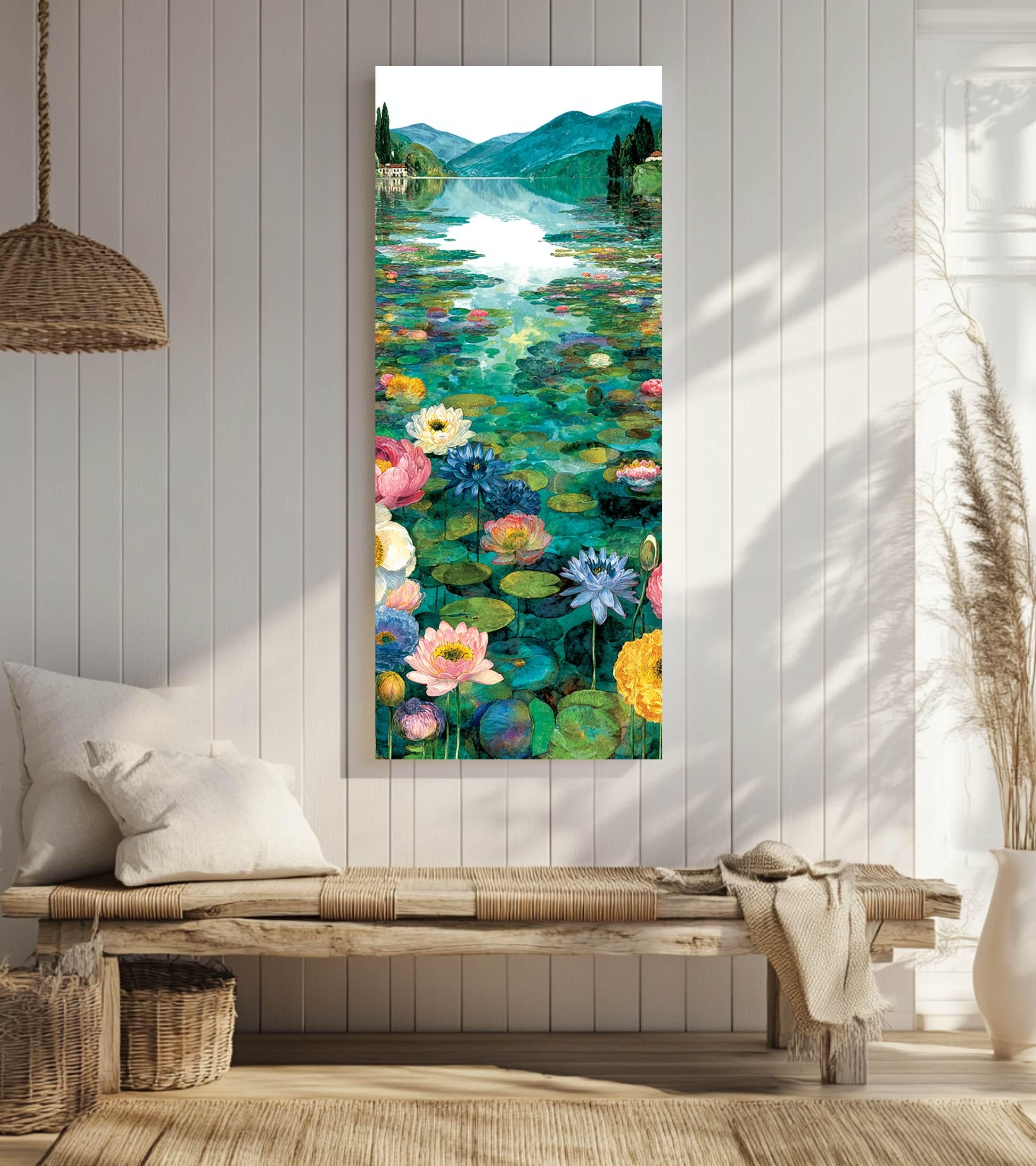 Water Lily Lake Wall Art, Tall Framed Canvas Art with Floral Pond Landscape, Serene Nature Home Decor