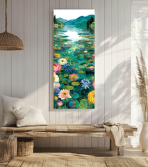 Water Lily Lake Wall Art, Tall Framed Canvas Art with Floral Pond Landscape, Serene Nature Home Decor