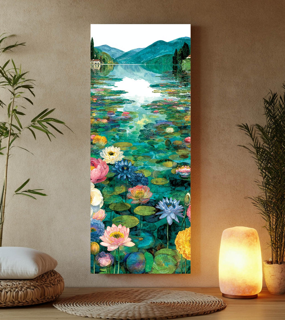 Water Lily Lake Wall Art, Tall Framed Canvas Art with Floral Pond Landscape, Serene Nature Home Decor