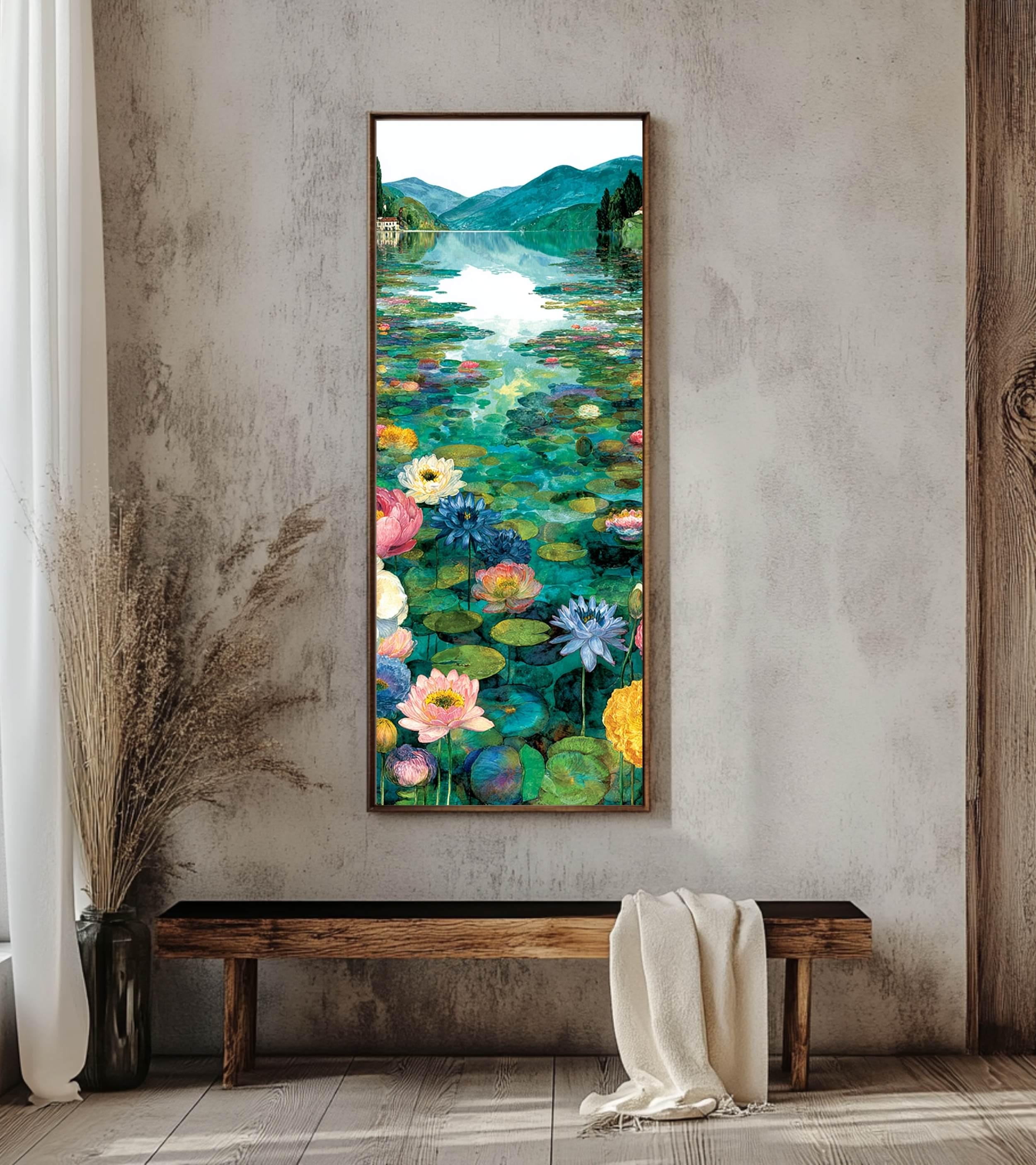 Water Lily Lake Wall Art, Tall Framed Canvas Art with Floral Pond Landscape, Serene Nature Home Decor