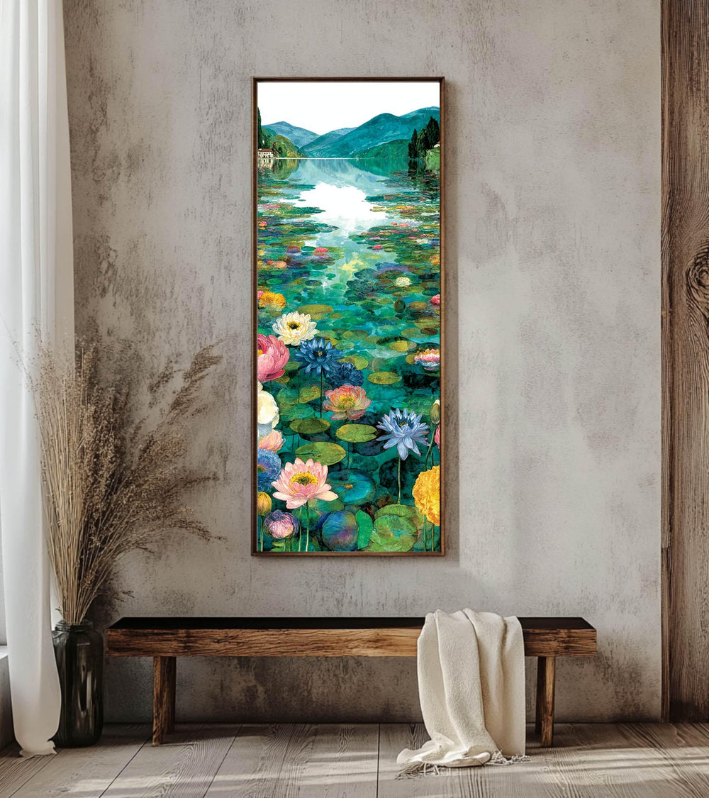 Water Lily Lake Wall Art, Tall Framed Canvas Art with Floral Pond Landscape, Serene Nature Home Decor