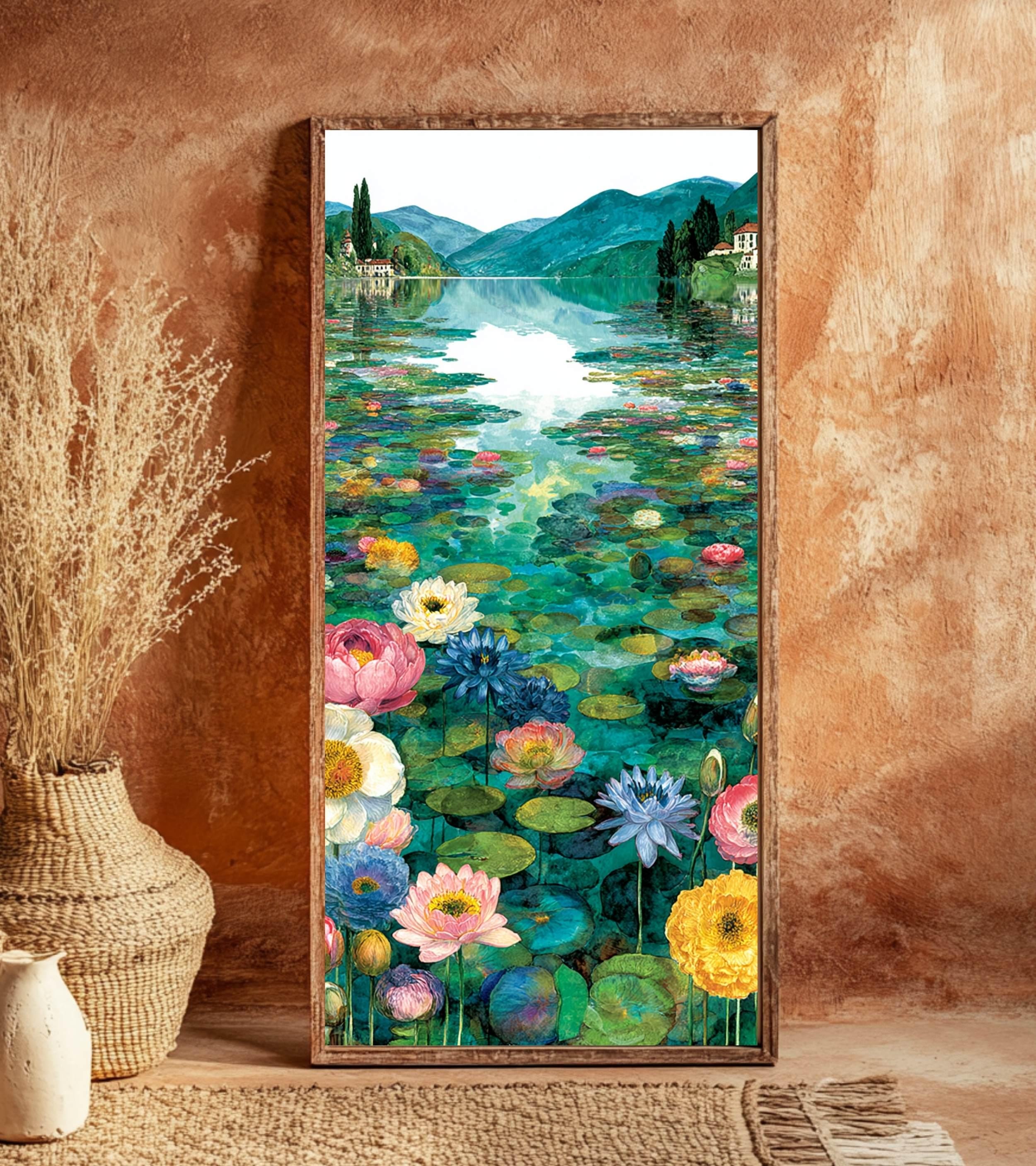Water Lily Lake Wall Art, Tall Framed Canvas Art with Floral Pond Landscape, Serene Nature Home Decor