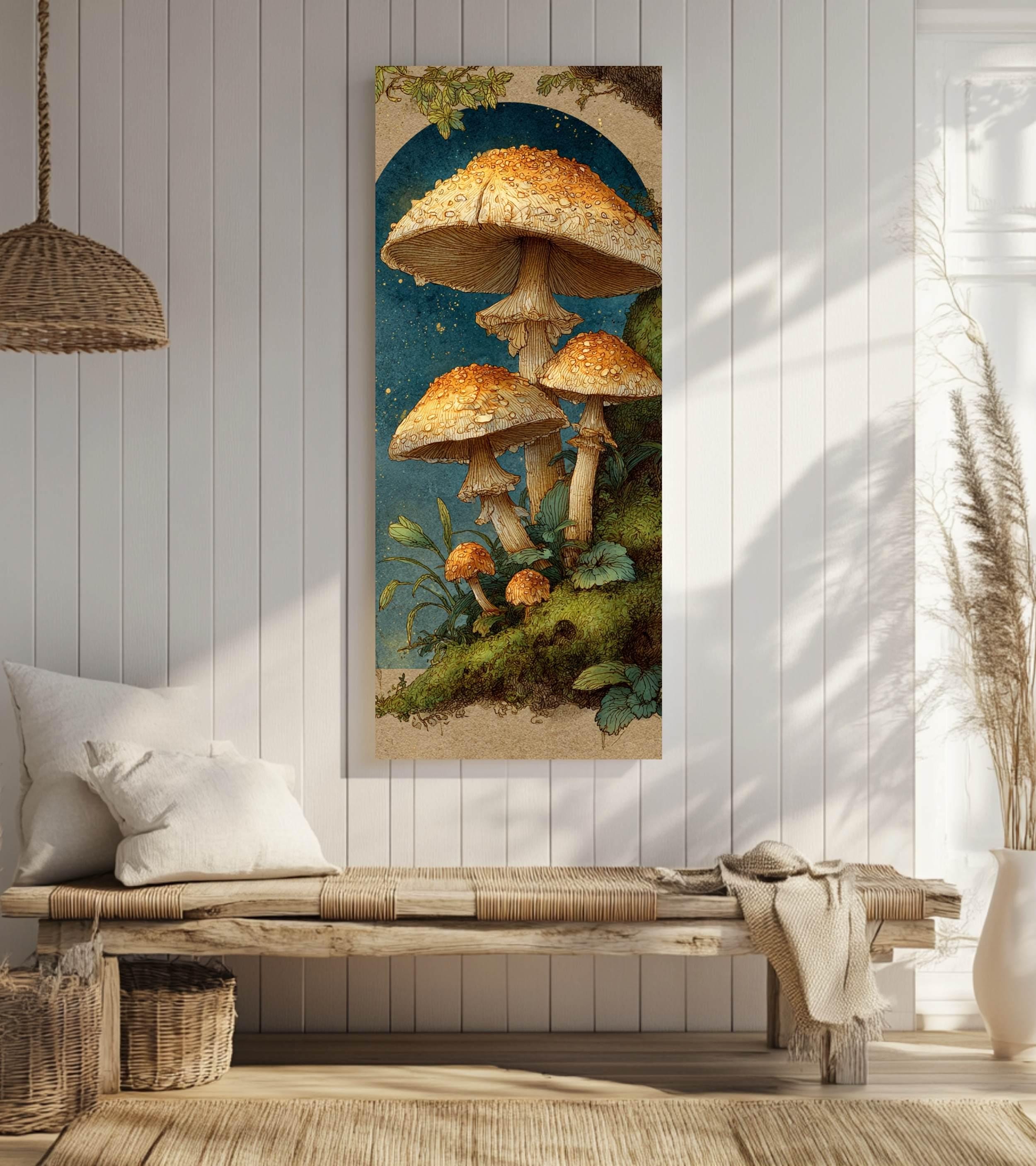 Vintage Mushroom Illustration Wall Art, Tall Framed Canvas Art with Woodland Fungi, Cottage Nature Home Decor