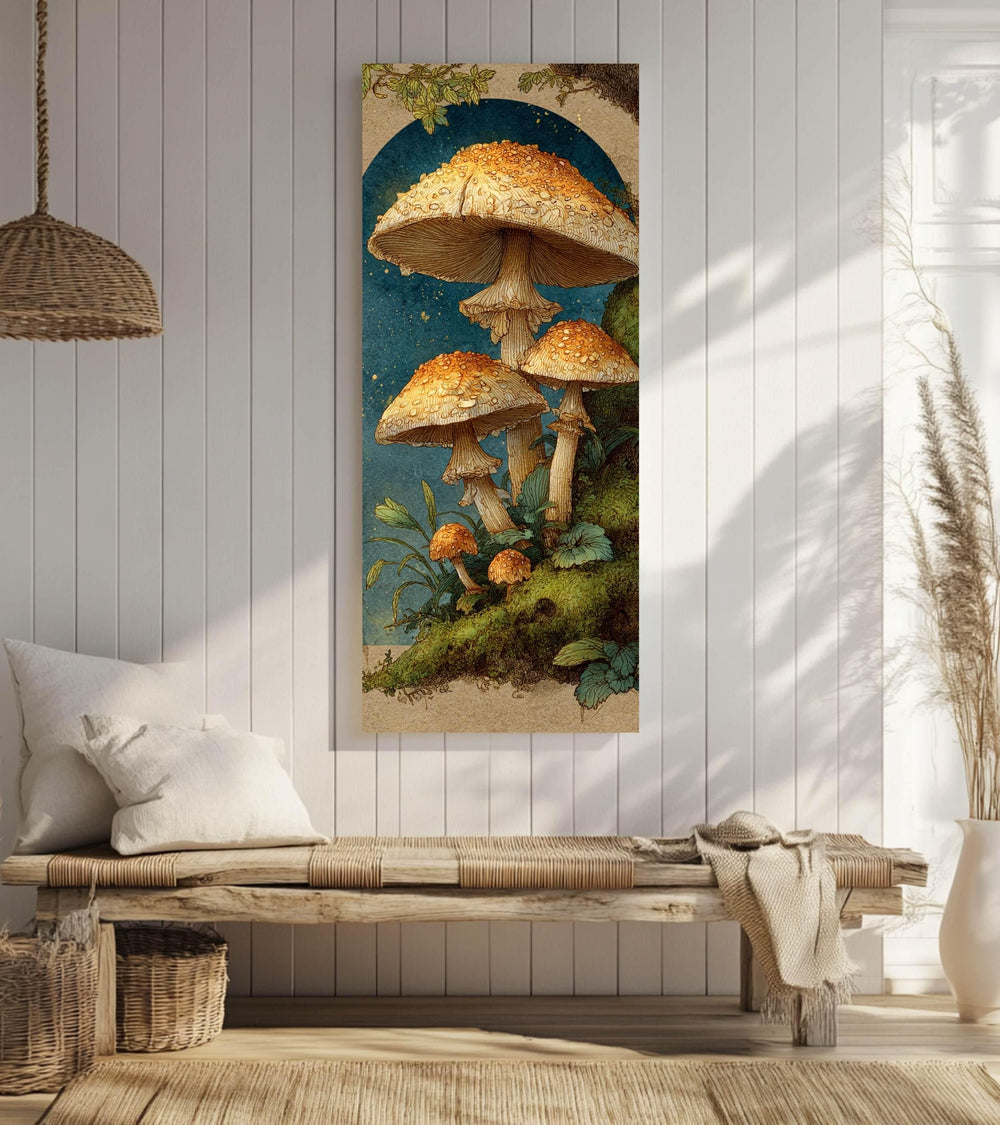 Vintage Mushroom Illustration Wall Art, Tall Framed Canvas Art with Woodland Fungi, Cottage Nature Home Decor