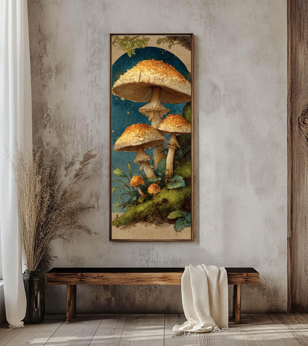 Vintage Mushroom Illustration Wall Art, Tall Framed Canvas Art with Woodland Fungi, Cottage Nature Home Decor
