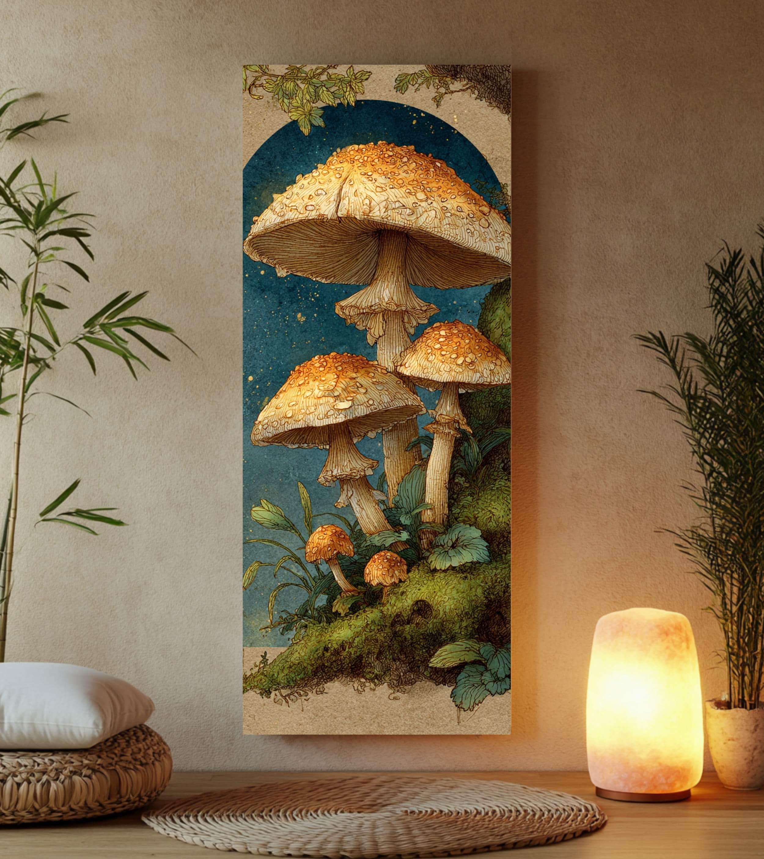 Vintage Mushroom Illustration Wall Art, Tall Framed Canvas Art with Woodland Fungi, Cottage Nature Home Decor