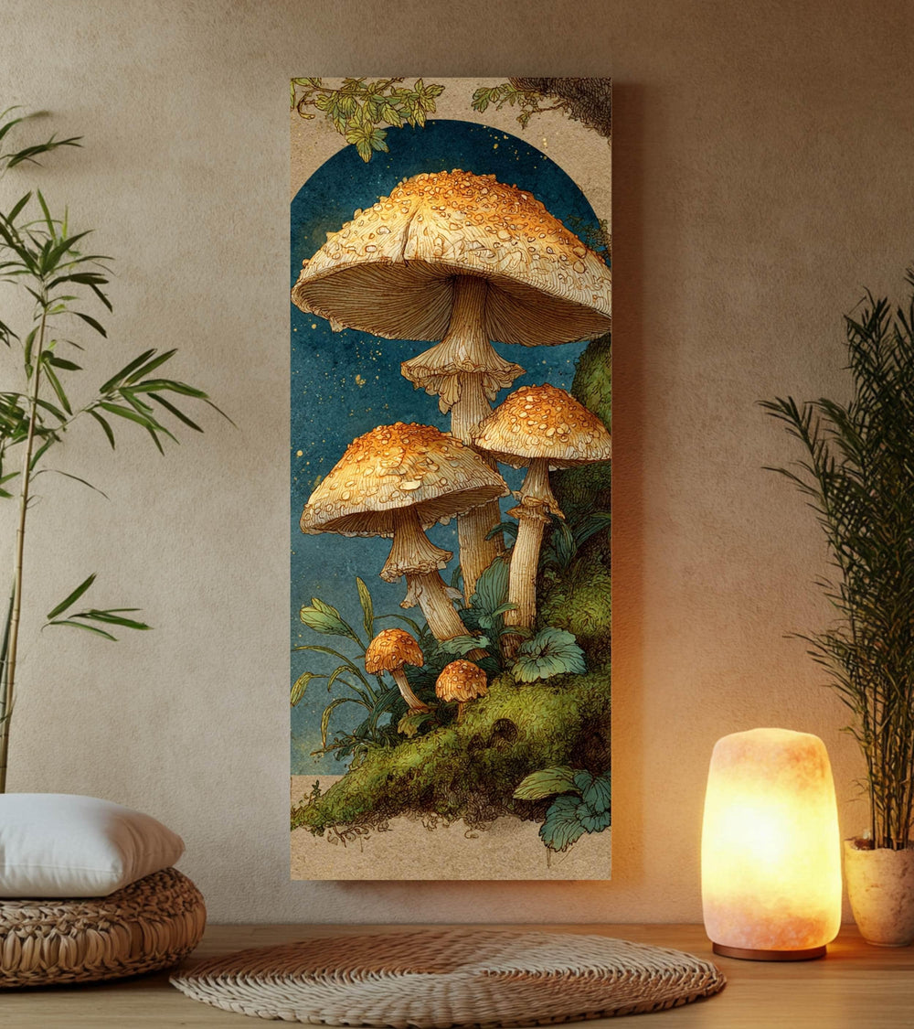 Vintage Mushroom Illustration Wall Art, Tall Framed Canvas Art with Woodland Fungi, Cottage Nature Home Decor