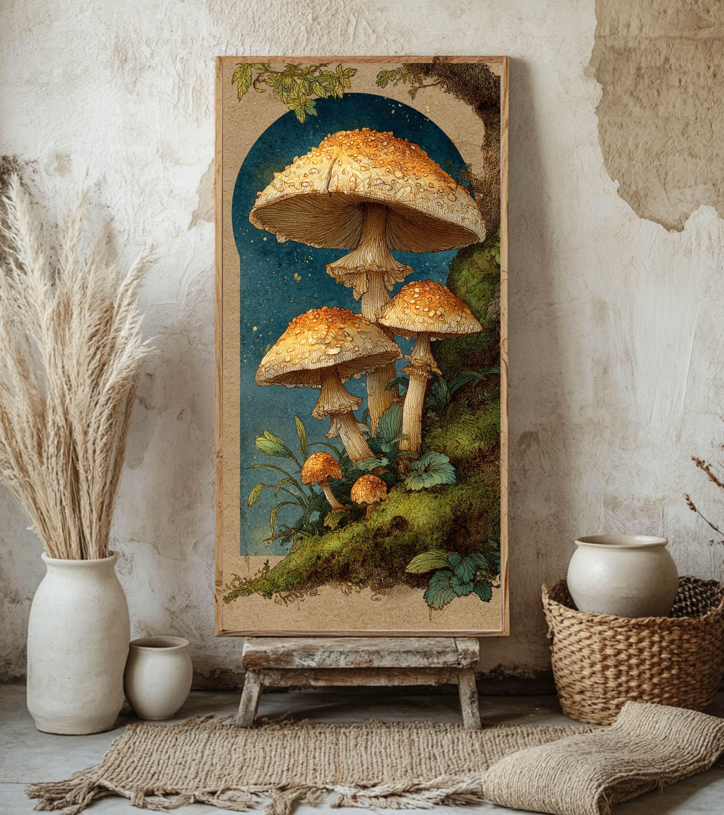 Vintage Mushroom Illustration Wall Art, Tall Framed Canvas Art with Woodland Fungi, Cottage Nature Home Decor