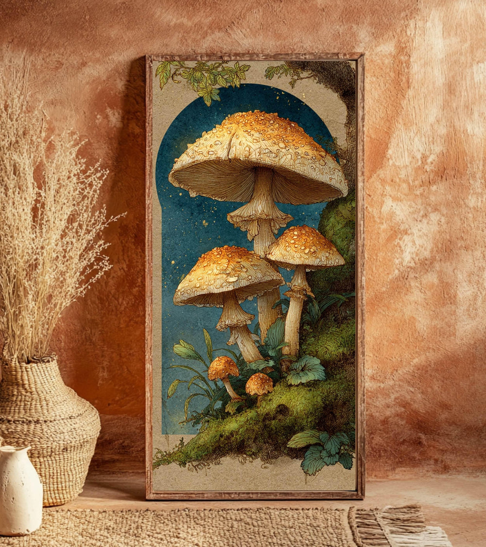 Vintage Mushroom Illustration Wall Art, Tall Framed Canvas Art with Woodland Fungi, Cottage Nature Home Decor