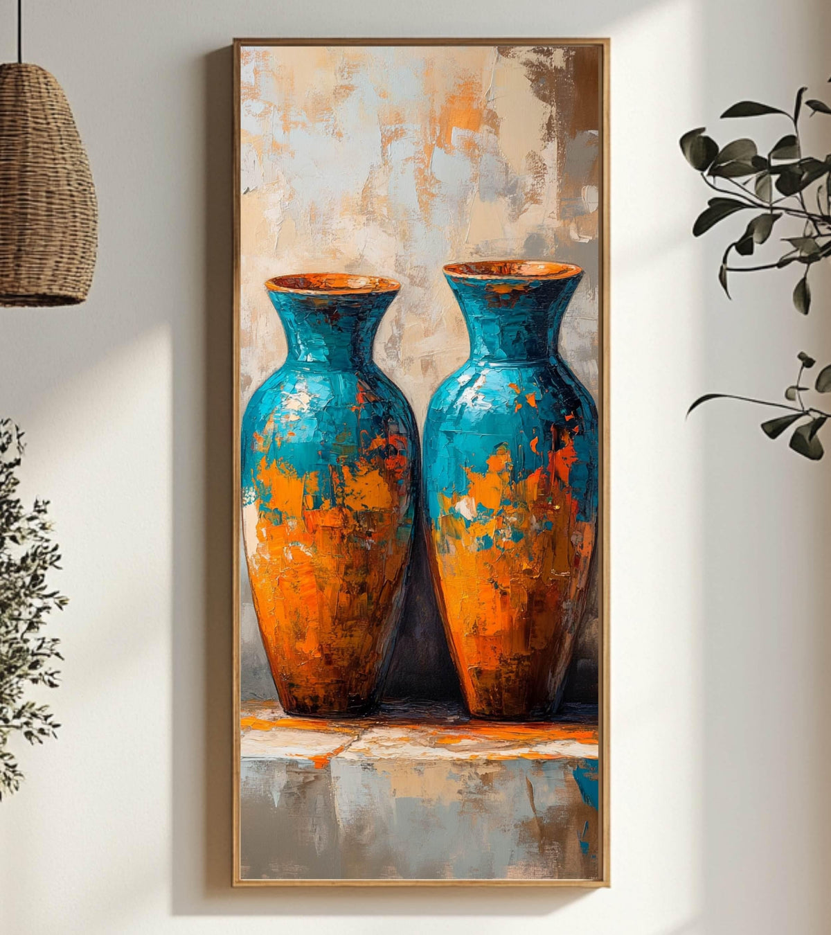 Abstract Twin Vase Wall Art, Tall Framed Canvas Art with Textured Blue and Orange Design, Modern Artistic Home Decor