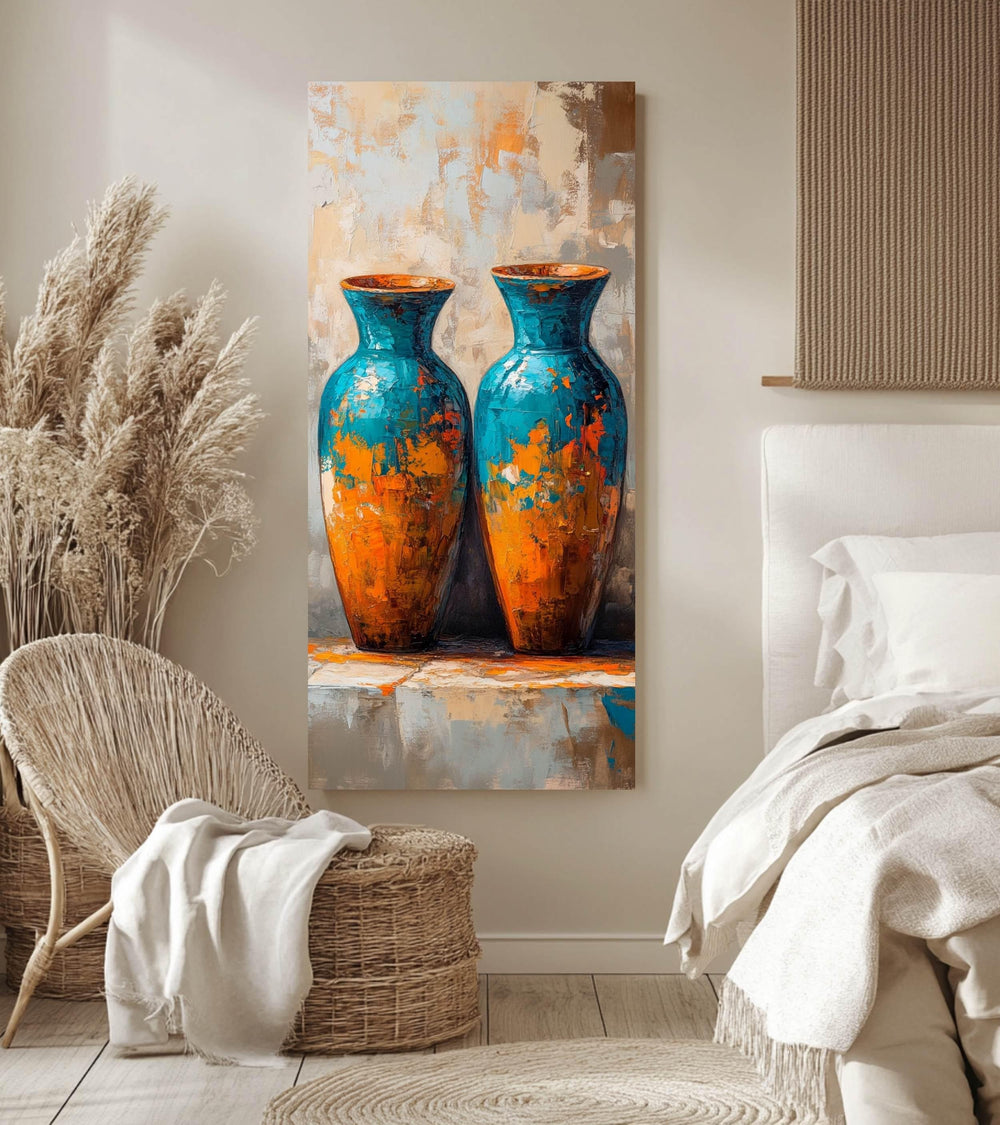 Abstract Twin Vase Wall Art, Tall Framed Canvas Art with Textured Blue and Orange Design, Modern Artistic Home Decor