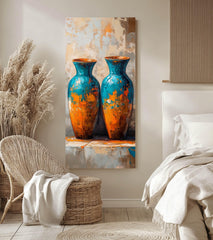 Abstract Twin Vase Wall Art, Tall Framed Canvas Art with Textured Blue and Orange Design, Modern Artistic Home Decor
