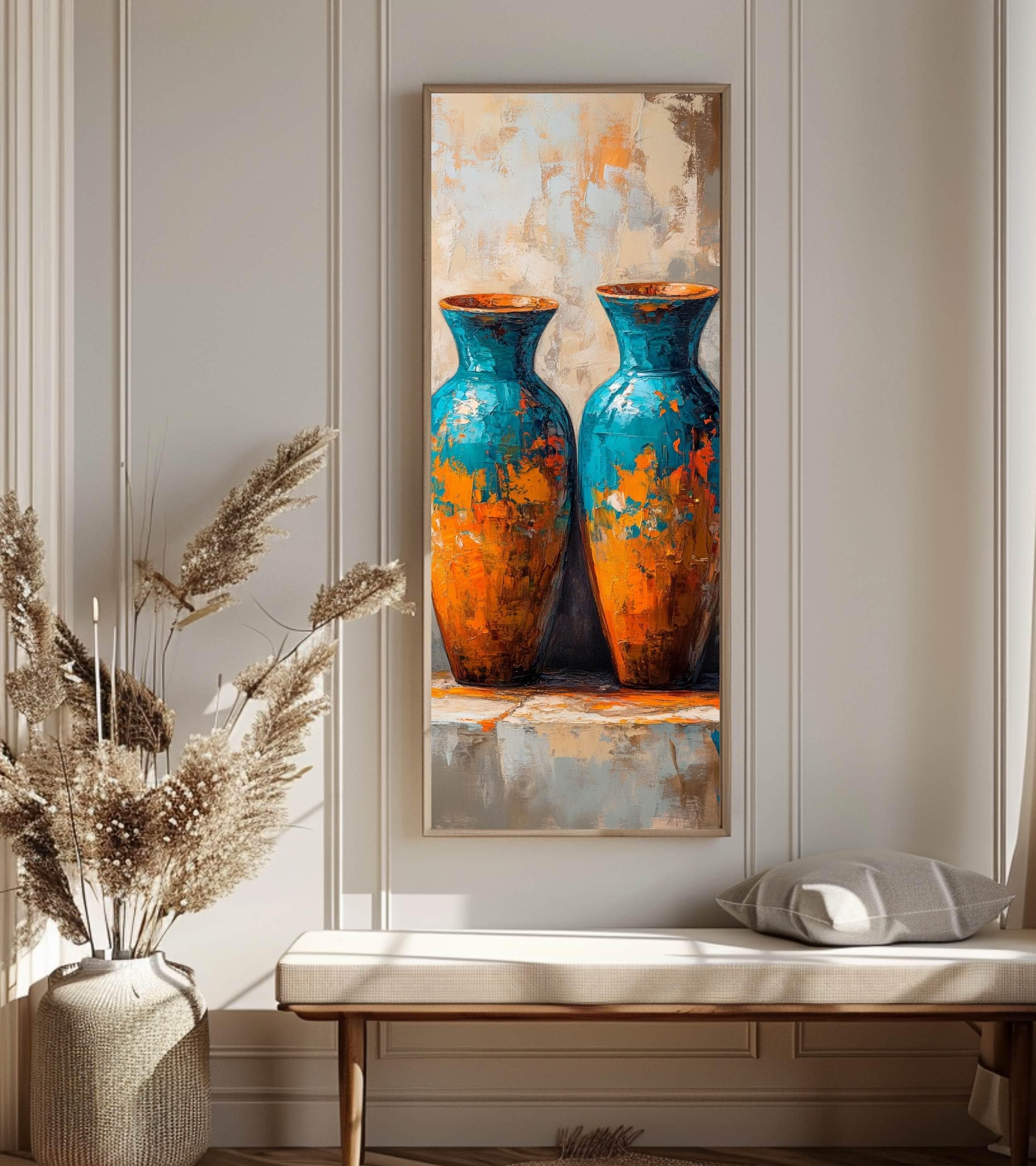 Abstract Twin Vase Wall Art, Tall Framed Canvas Art with Textured Blue and Orange Design, Modern Artistic Home Decor