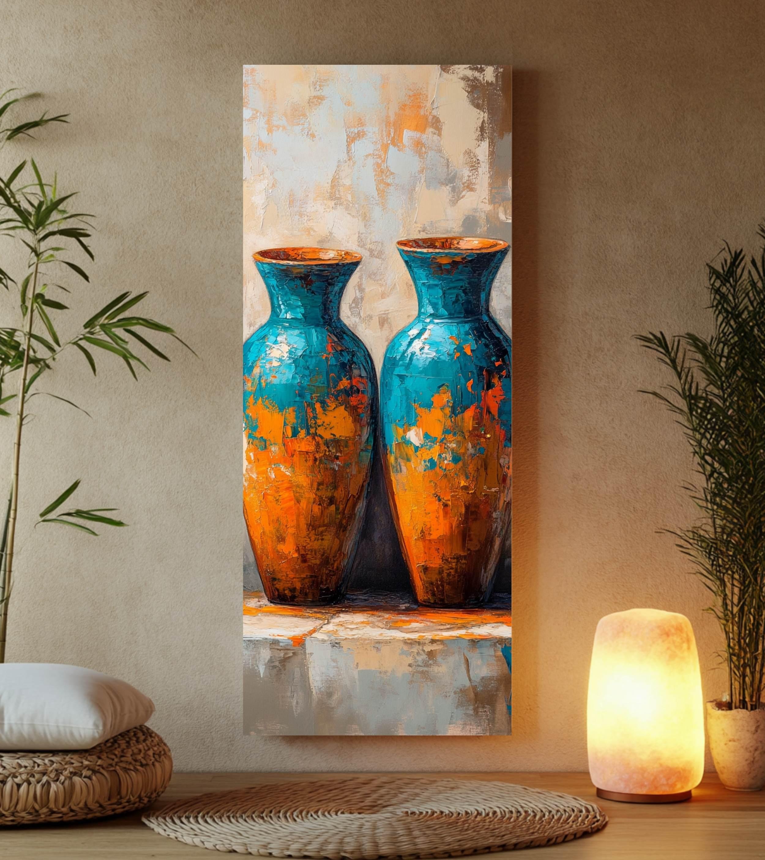 Abstract Twin Vase Wall Art, Tall Framed Canvas Art with Textured Blue and Orange Design, Modern Artistic Home Decor