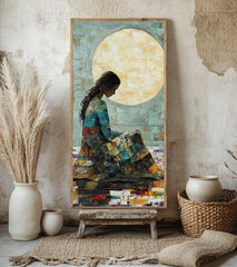 Moonlit Woman Wall Art, Tall Framed Canvas Art with Textured Feminine Portrait, Dreamy Celestial Home Decor