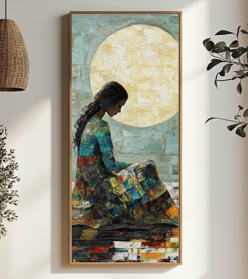 Moonlit Woman Wall Art, Tall Framed Canvas Art with Textured Feminine Portrait, Dreamy Celestial Home Decor