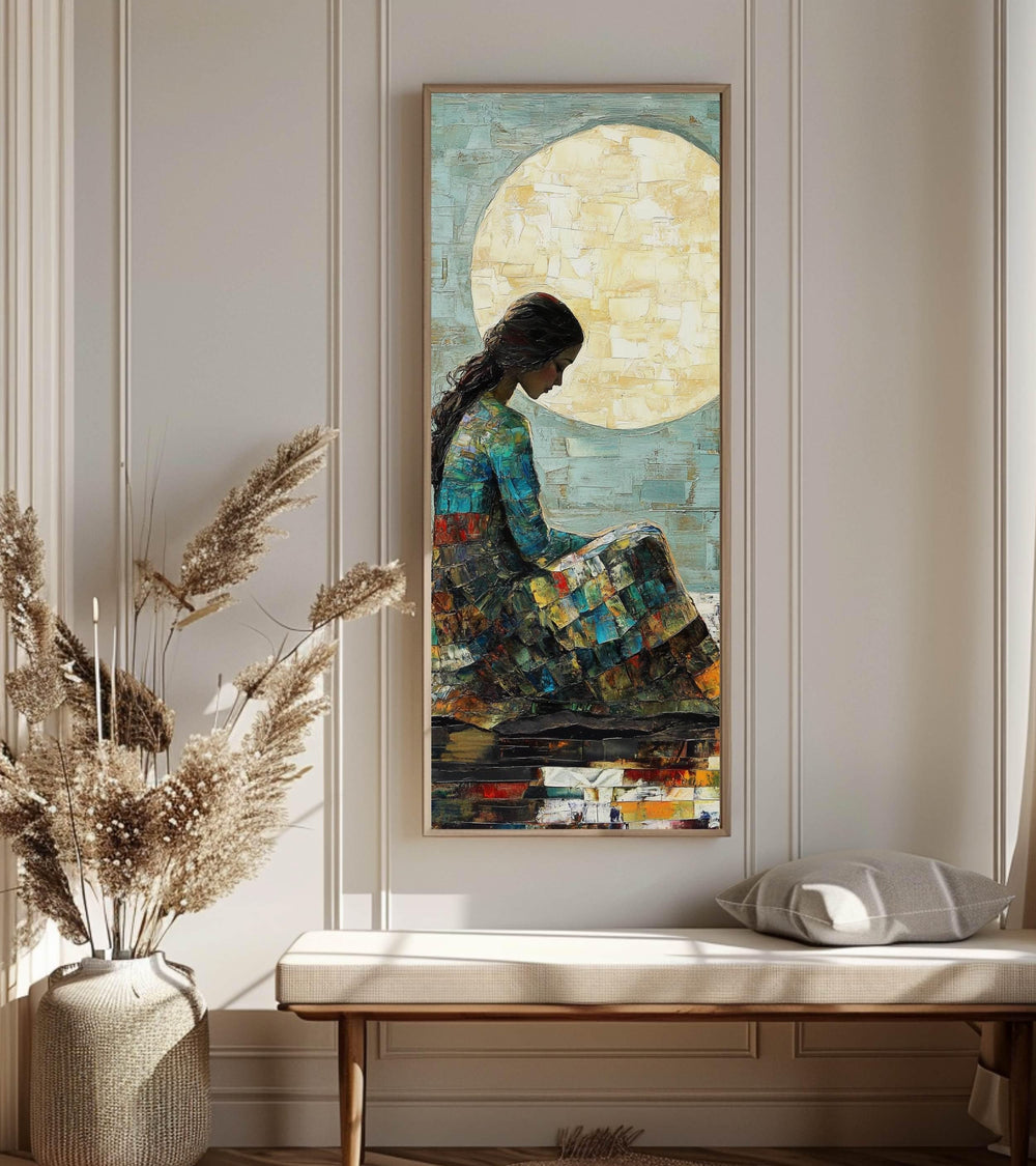 Moonlit Woman Wall Art, Tall Framed Canvas Art with Textured Feminine Portrait, Dreamy Celestial Home Decor