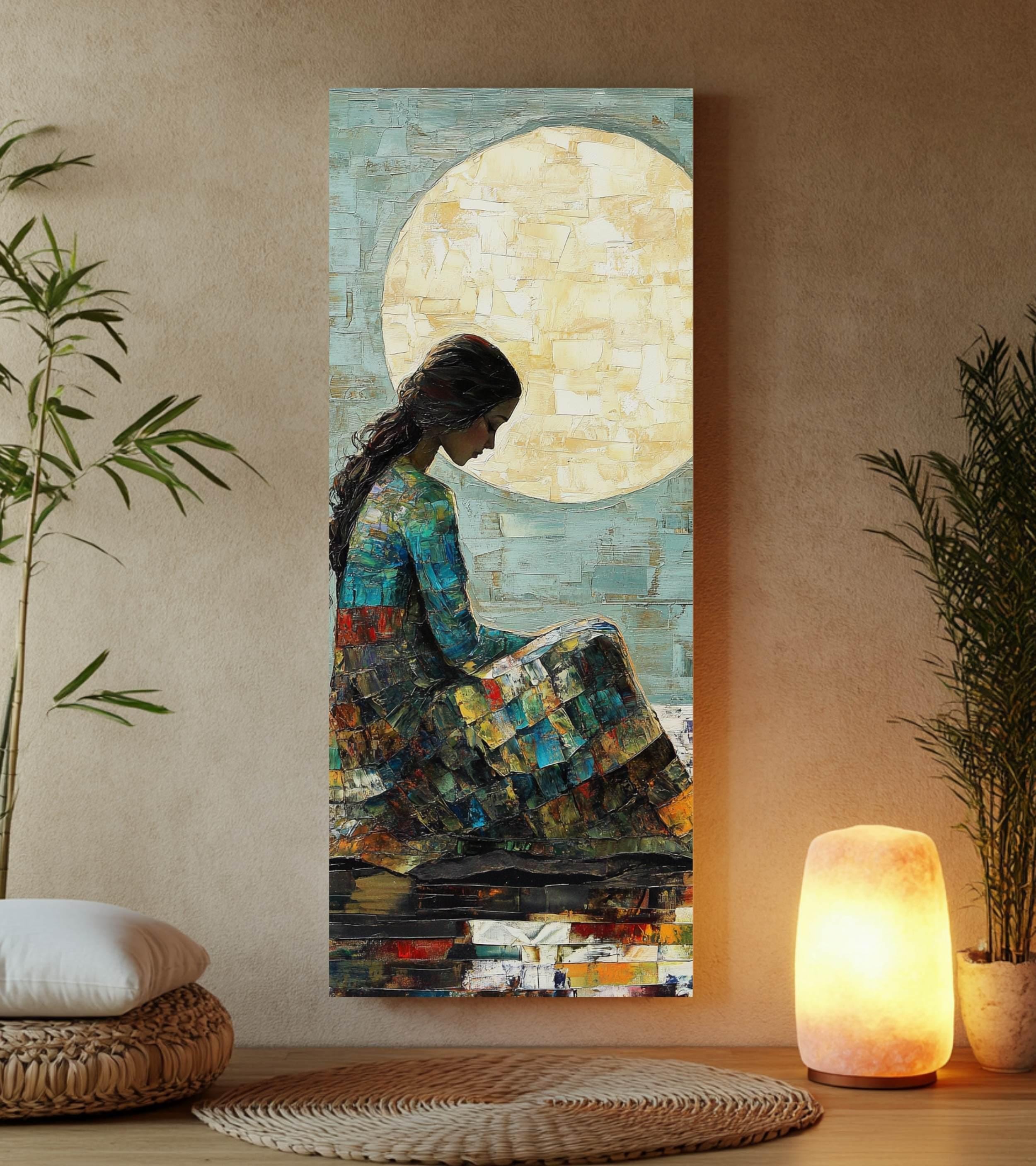 Moonlit Woman Wall Art, Tall Framed Canvas Art with Textured Feminine Portrait, Dreamy Celestial Home Decor