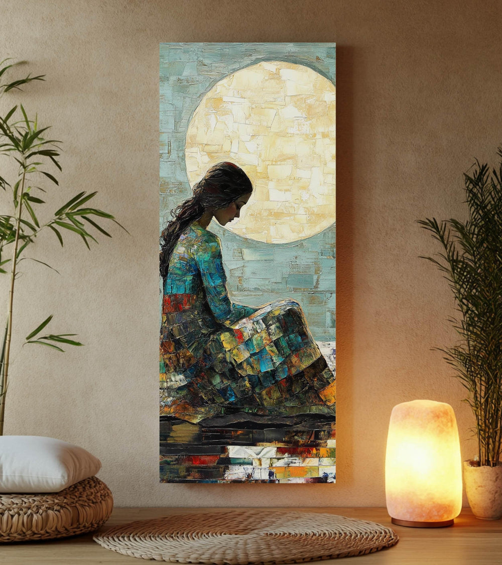 Moonlit Woman Wall Art, Tall Framed Canvas Art with Textured Feminine Portrait, Dreamy Celestial Home Decor