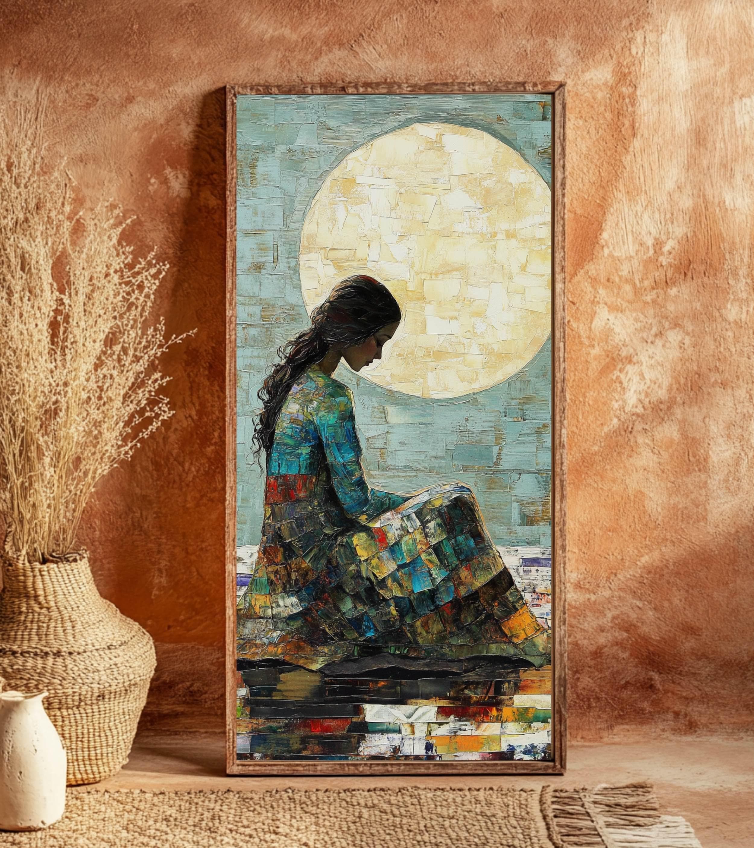 Moonlit Woman Wall Art, Tall Framed Canvas Art with Textured Feminine Portrait, Dreamy Celestial Home Decor