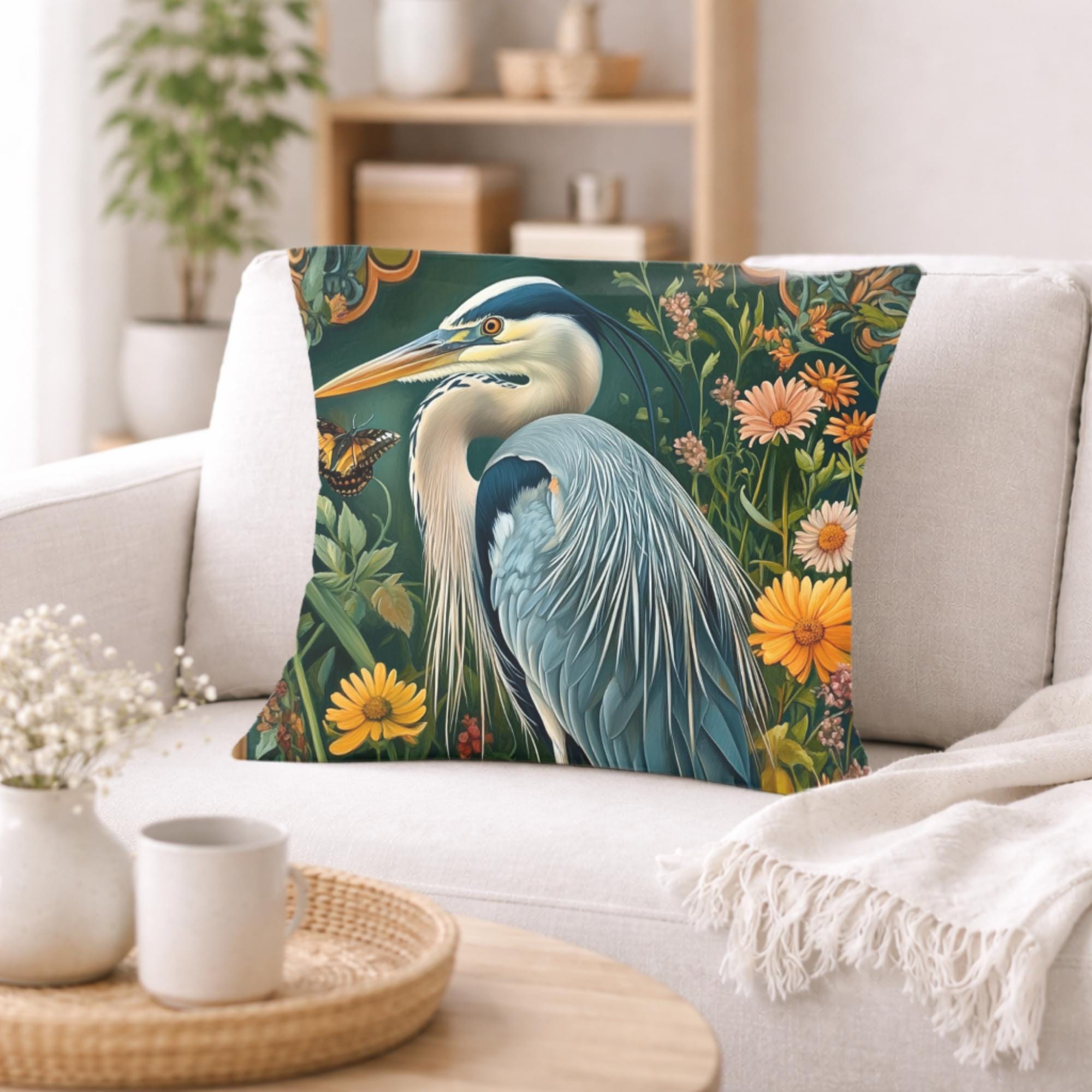 Heron Garden Pillow, Vintage Bird Art Cushion, William Morris Inspired Floral Throw Pillow, Botanical Pillowcase, Cottagecore Decor