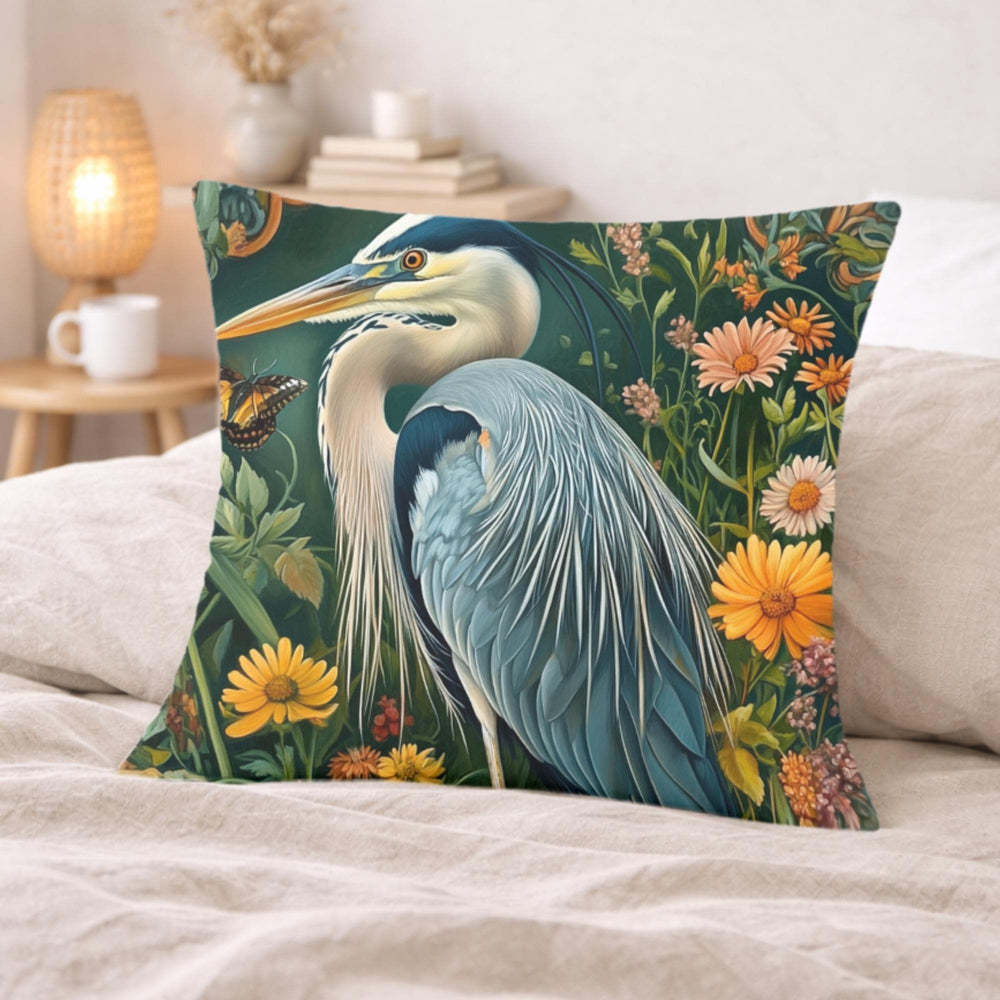 Heron Garden Pillow, Vintage Bird Art Cushion, William Morris Inspired Floral Throw Pillow, Botanical Pillowcase, Cottagecore Decor