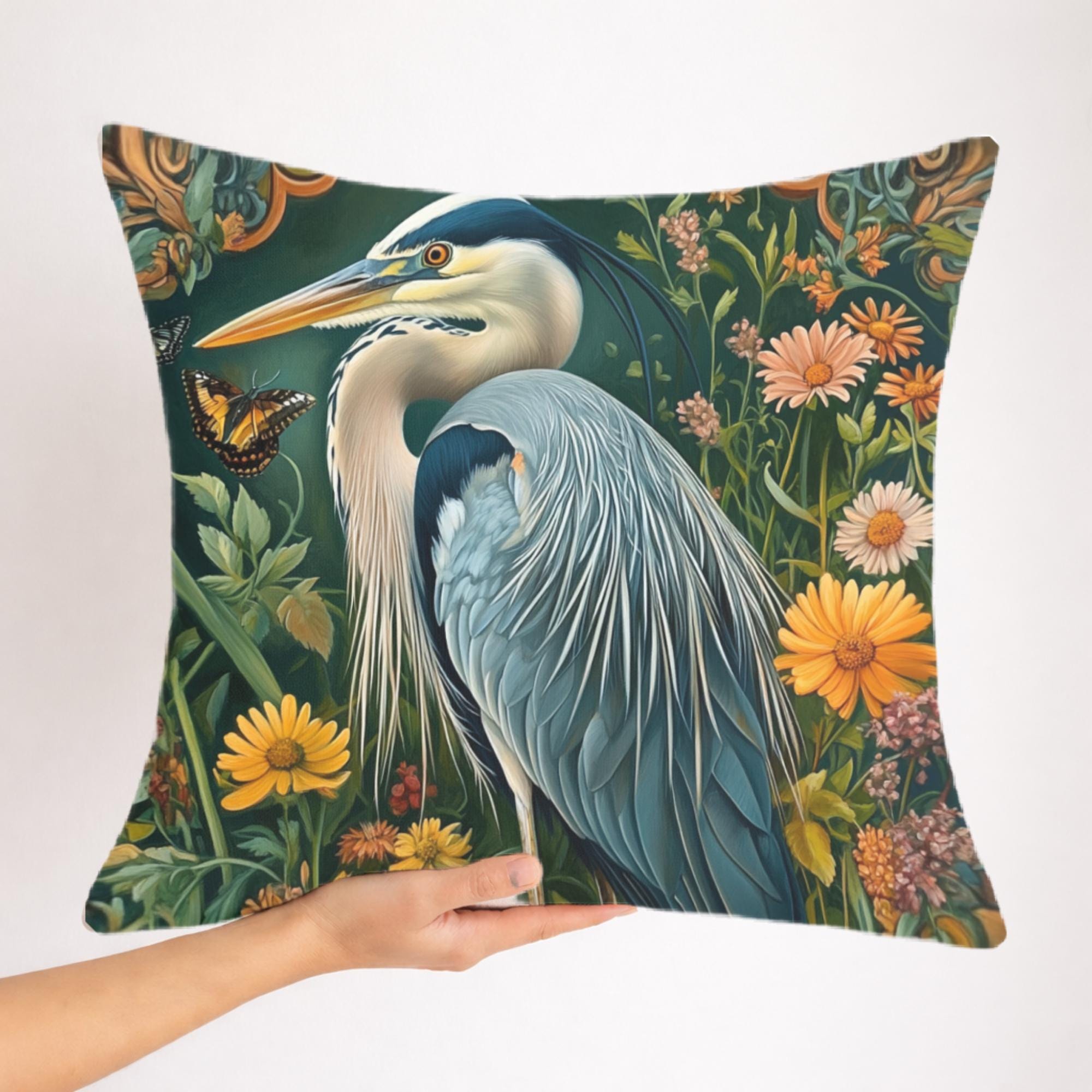 Heron Garden Pillow, Vintage Bird Art Cushion, William Morris Inspired Floral Throw Pillow, Botanical Pillowcase, Cottagecore Decor