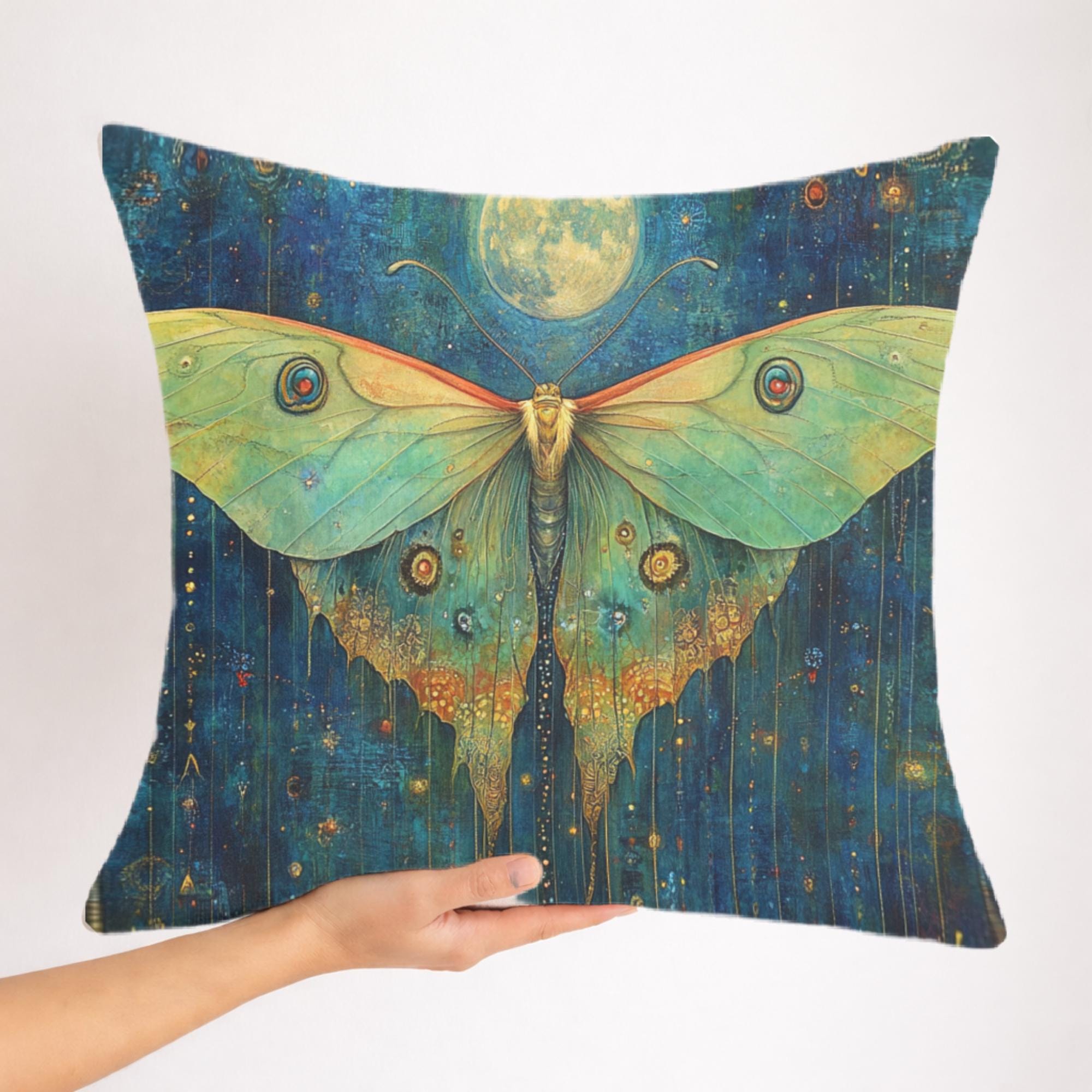 Luna Moth Moonlight Pillow, Mystical Insect Botanical Cushion, Celestial Nature Throw Pillow, Art Nouveau Moth Pillowcase, Moody Home Decor