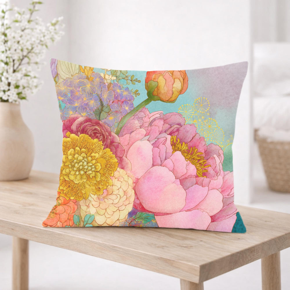 Pastel Peony Garden Pillow, Romantic Floral Cushion, Vintage Botanical Throw Pillow, Soft Cottagecore Pillowcase, Elegant Couch Decor