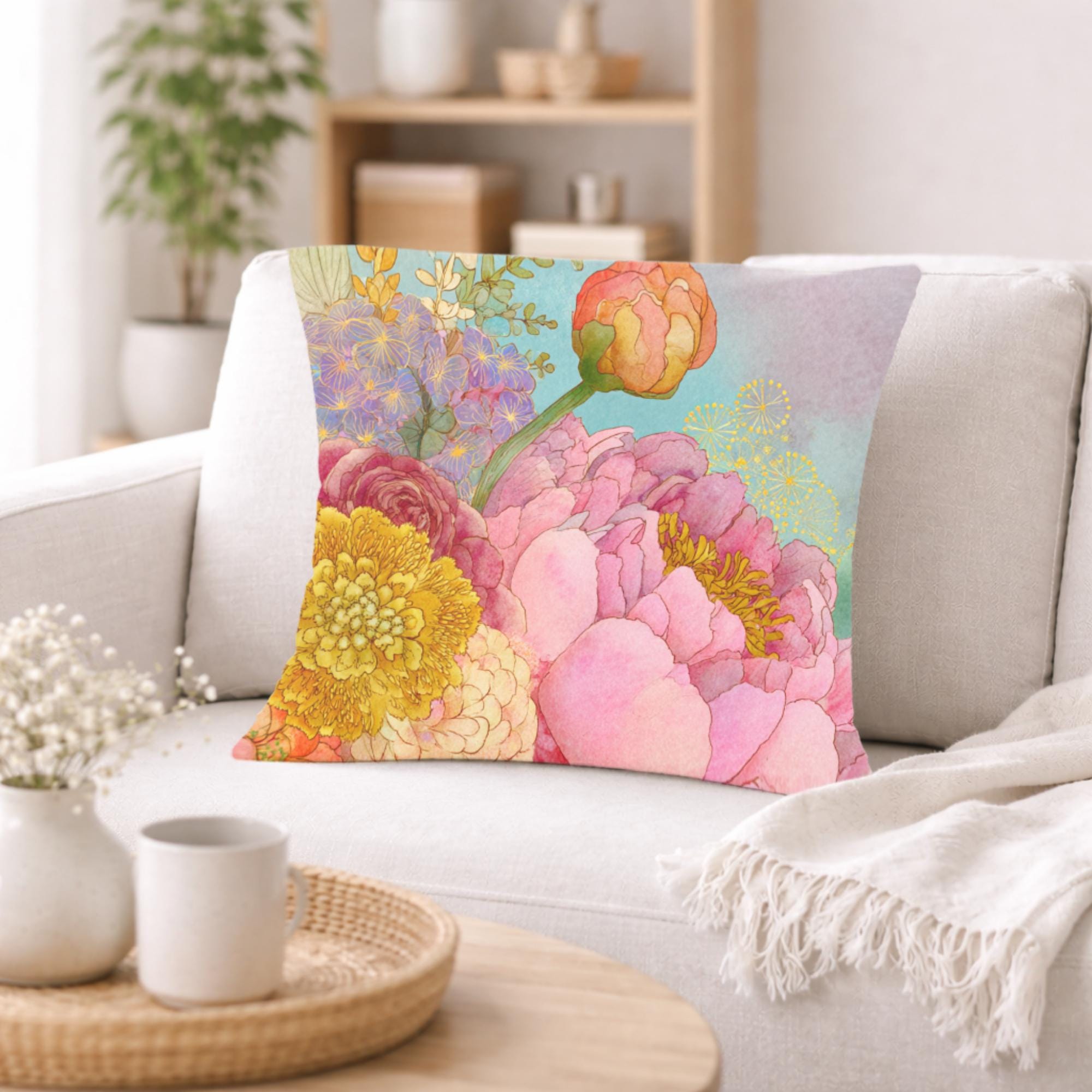 Pastel Peony Garden Pillow, Romantic Floral Cushion, Vintage Botanical Throw Pillow, Soft Cottagecore Pillowcase, Elegant Couch Decor