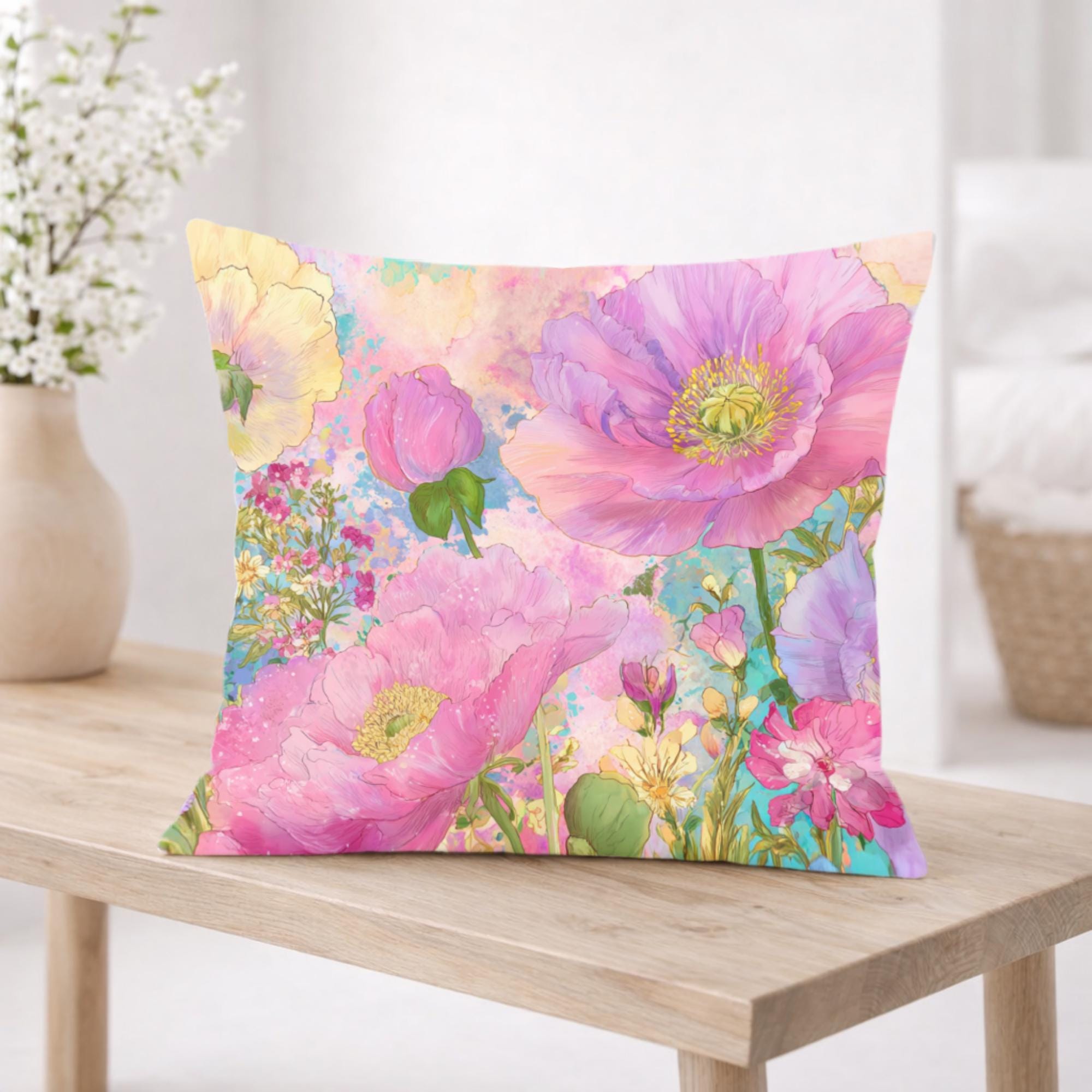 Pastel Poppy Garden Pillow, Vibrant Watercolor Floral Cushion, Botanical Throw Pillow, Whimsical Cottagecore Pillowcase, Cheerful Decor