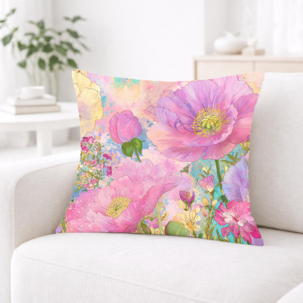 Pastel Poppy Garden Pillow, Vibrant Watercolor Floral Cushion, Botanical Throw Pillow, Whimsical Cottagecore Pillowcase, Cheerful Decor