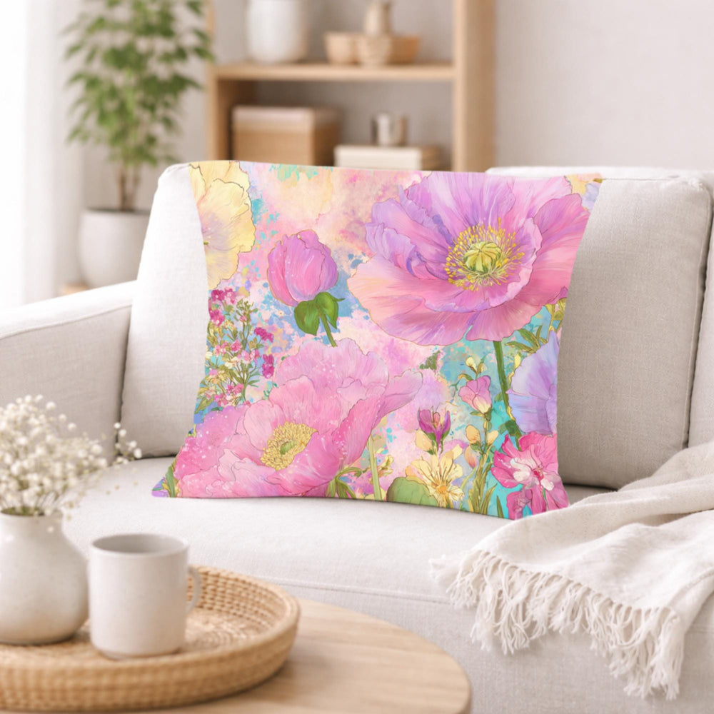 Pastel Poppy Garden Pillow, Vibrant Watercolor Floral Cushion, Botanical Throw Pillow, Whimsical Cottagecore Pillowcase, Cheerful Decor