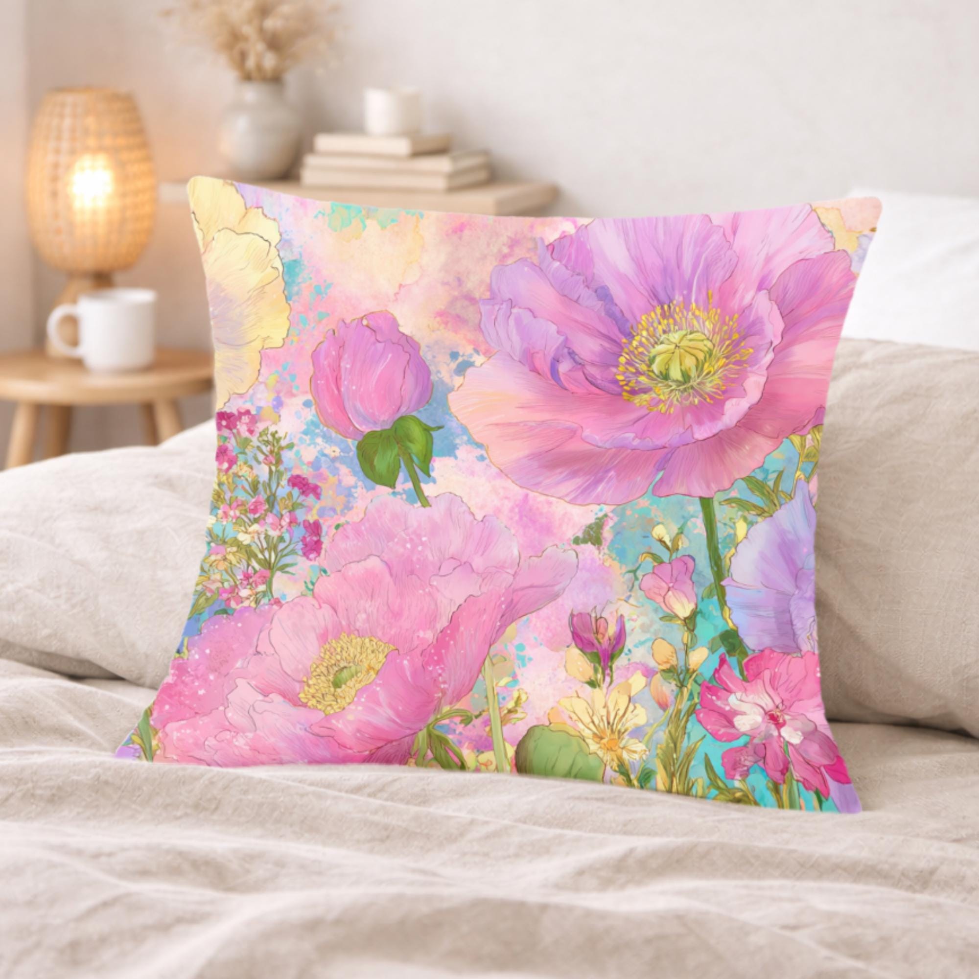 Pastel Poppy Garden Pillow, Vibrant Watercolor Floral Cushion, Botanical Throw Pillow, Whimsical Cottagecore Pillowcase, Cheerful Decor
