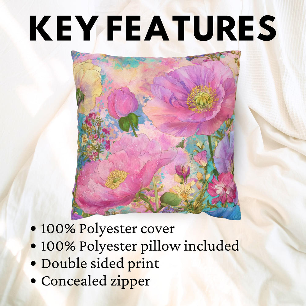 Pastel Poppy Garden Pillow, Vibrant Watercolor Floral Cushion, Botanical Throw Pillow, Whimsical Cottagecore Pillowcase, Cheerful Decor
