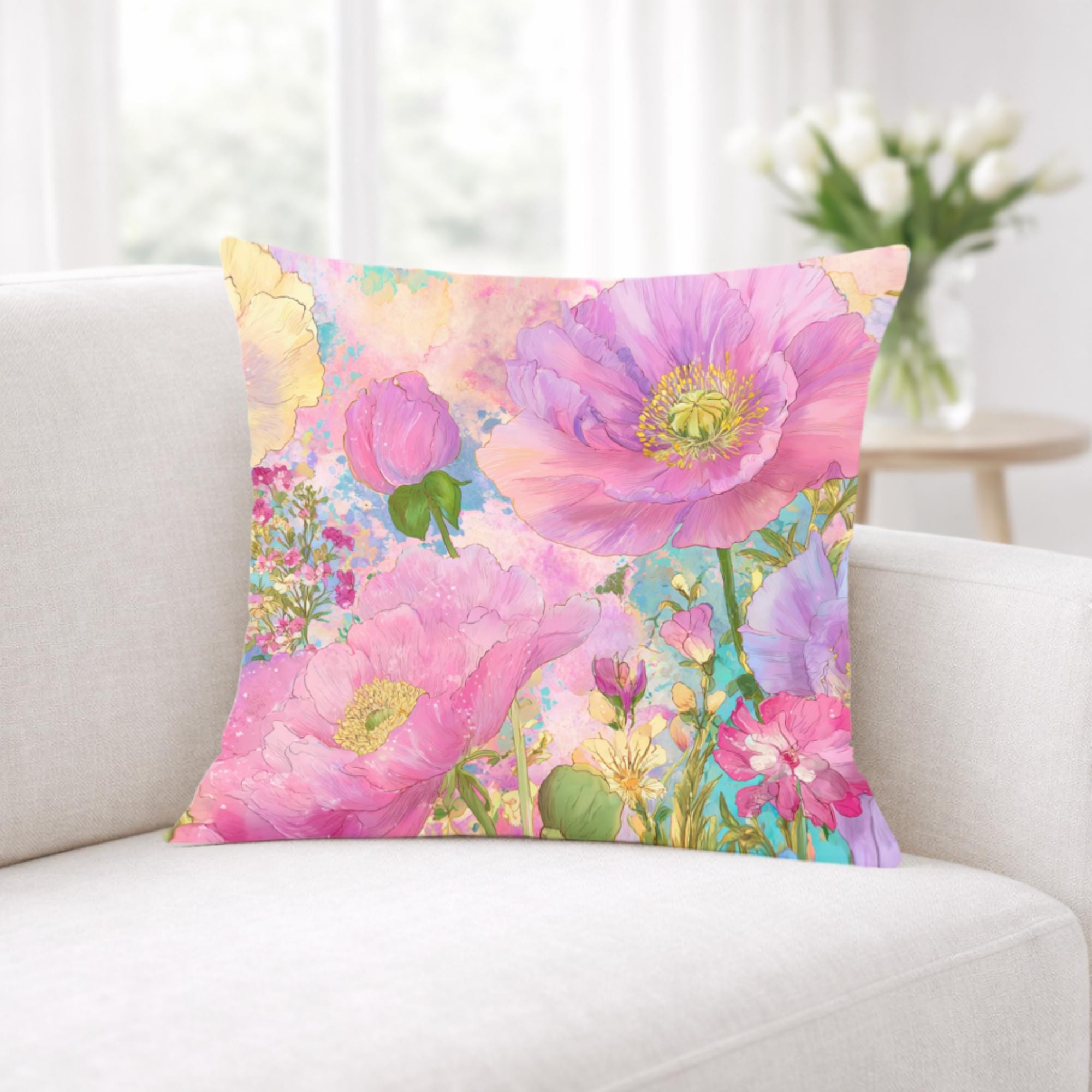 Pastel Poppy Garden Pillow, Vibrant Watercolor Floral Cushion, Botanical Throw Pillow, Whimsical Cottagecore Pillowcase, Cheerful Decor