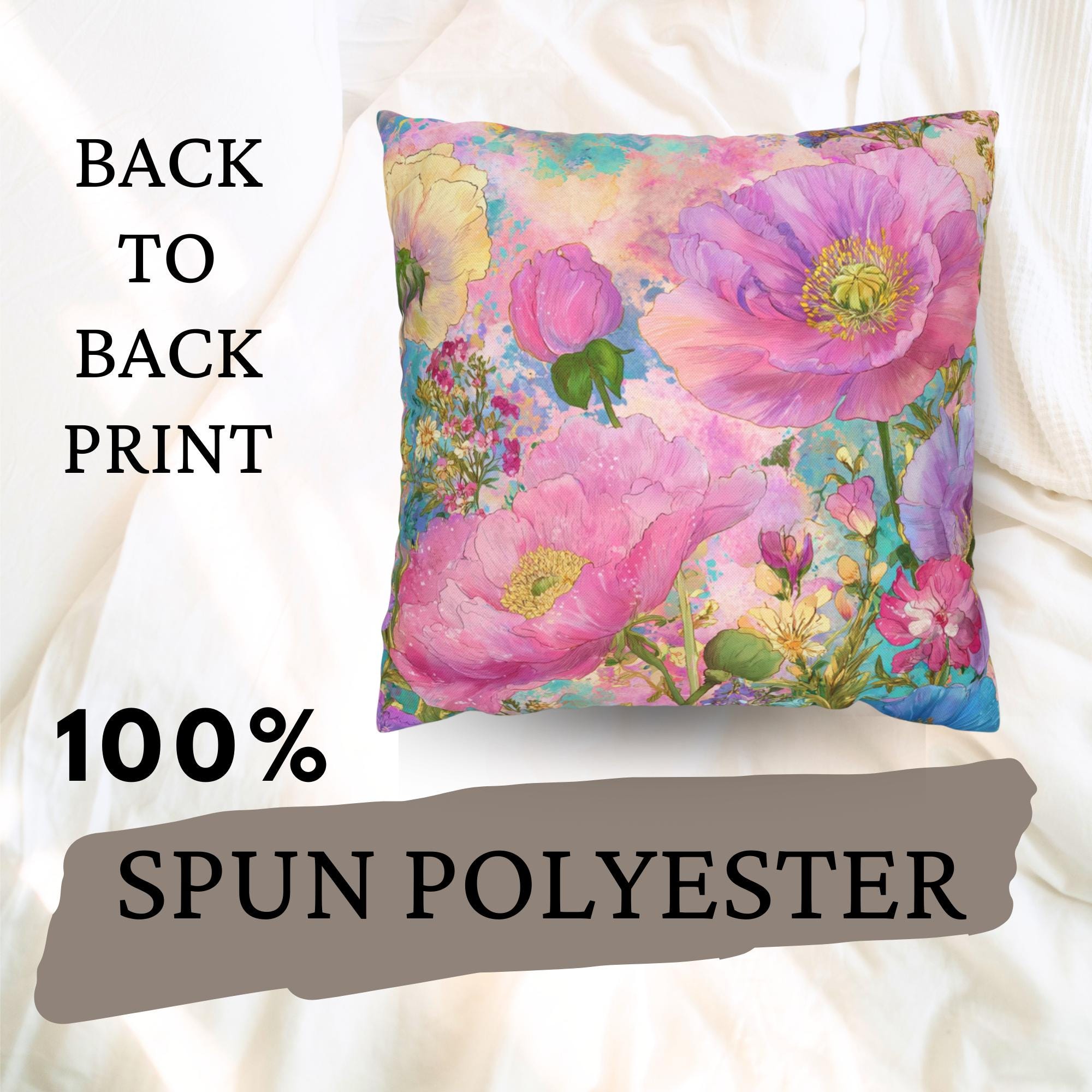 Pastel Poppy Garden Pillow, Vibrant Watercolor Floral Cushion, Botanical Throw Pillow, Whimsical Cottagecore Pillowcase, Cheerful Decor