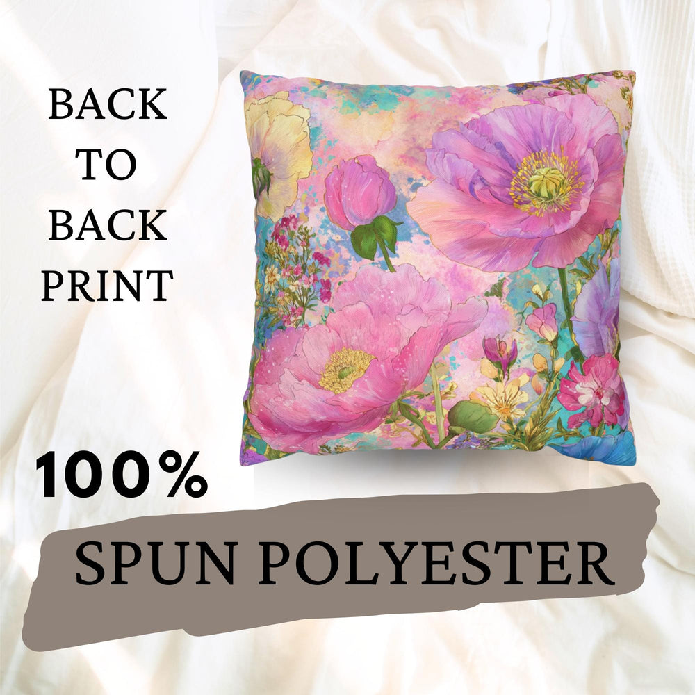 Pastel Poppy Garden Pillow, Vibrant Watercolor Floral Cushion, Botanical Throw Pillow, Whimsical Cottagecore Pillowcase, Cheerful Decor