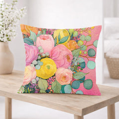 Pink Yellow Floral Pillow, Pastel Garden Cushion, Romantic Botanical Throw Pillow, Cottagecore Pillowcase, Spring Couch Decor
