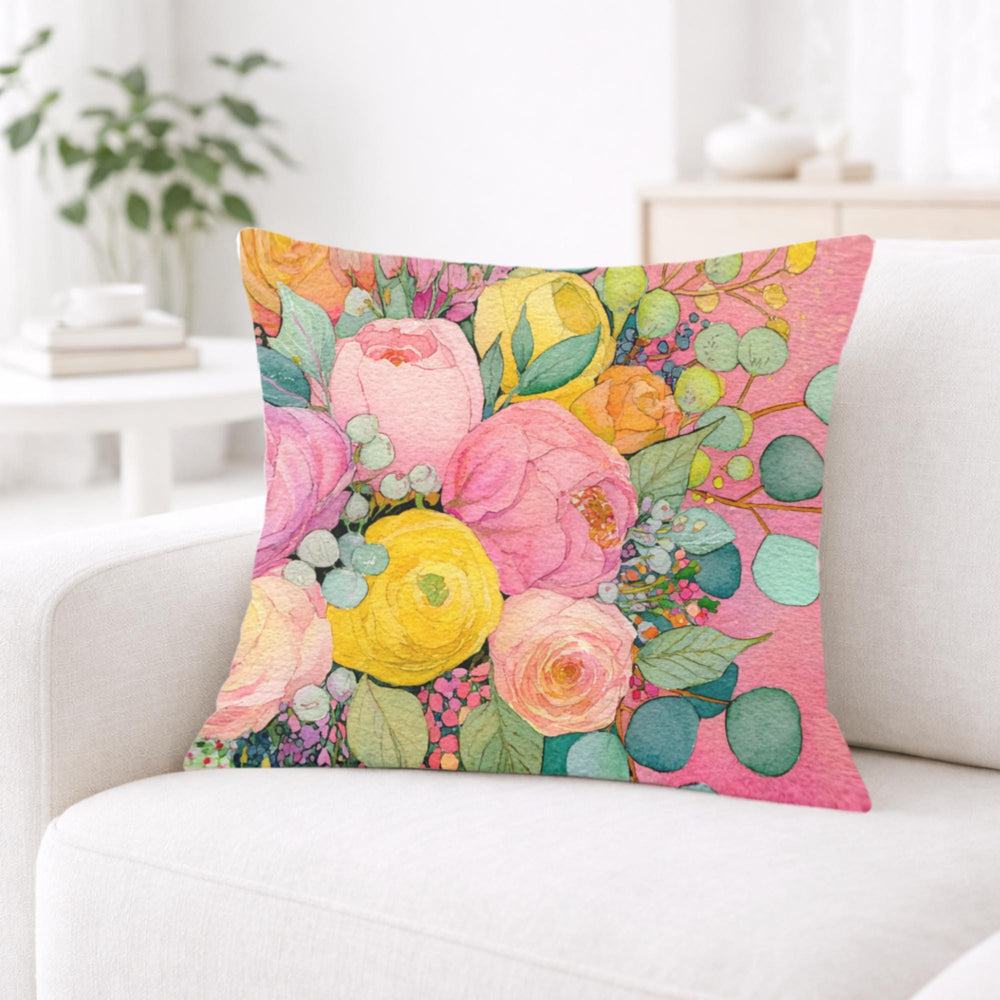 Pink Yellow Floral Pillow, Pastel Garden Cushion, Romantic Botanical Throw Pillow, Cottagecore Pillowcase, Spring Couch Decor