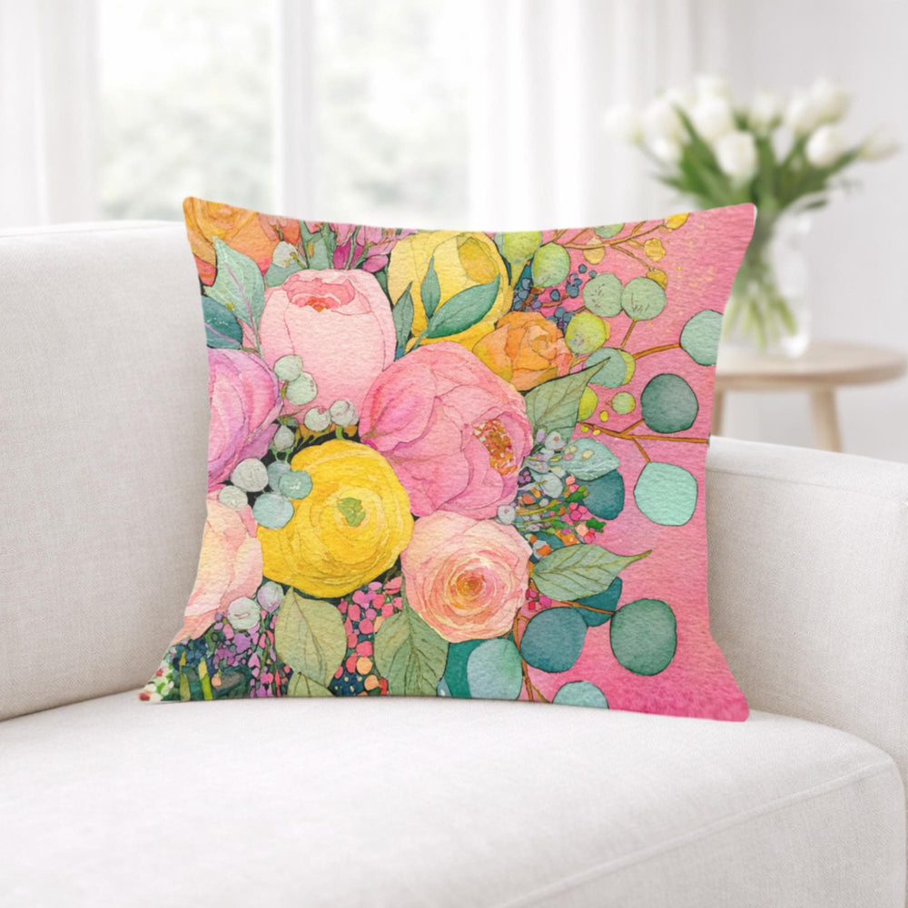 Pink Yellow Floral Pillow, Pastel Garden Cushion, Romantic Botanical Throw Pillow, Cottagecore Pillowcase, Spring Couch Decor