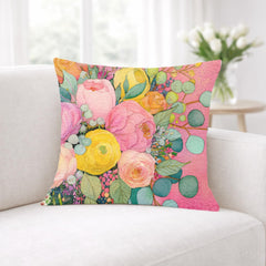 Pink Yellow Floral Pillow, Pastel Garden Cushion, Romantic Botanical Throw Pillow, Cottagecore Pillowcase, Spring Couch Decor