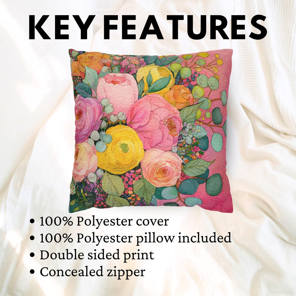 Pink Yellow Floral Pillow, Pastel Garden Cushion, Romantic Botanical Throw Pillow, Cottagecore Pillowcase, Spring Couch Decor