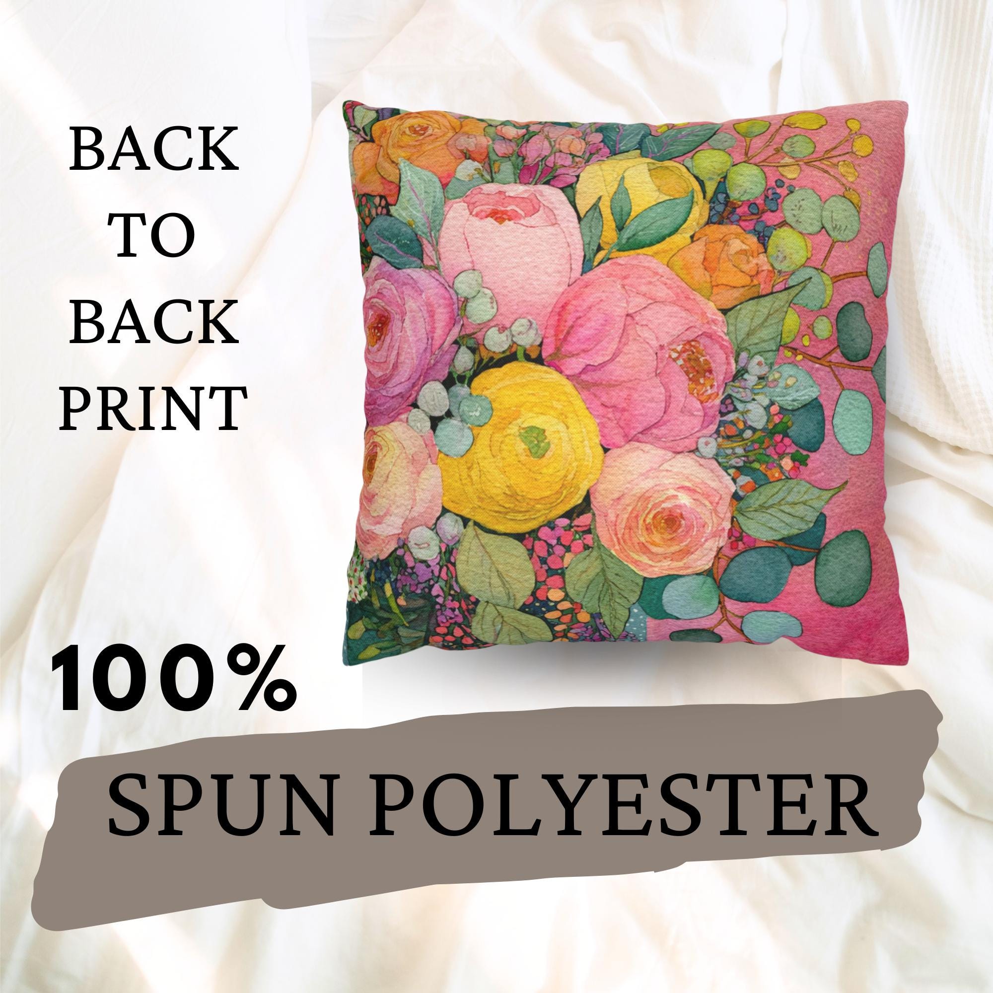 Pink Yellow Floral Pillow, Pastel Garden Cushion, Romantic Botanical Throw Pillow, Cottagecore Pillowcase, Spring Couch Decor