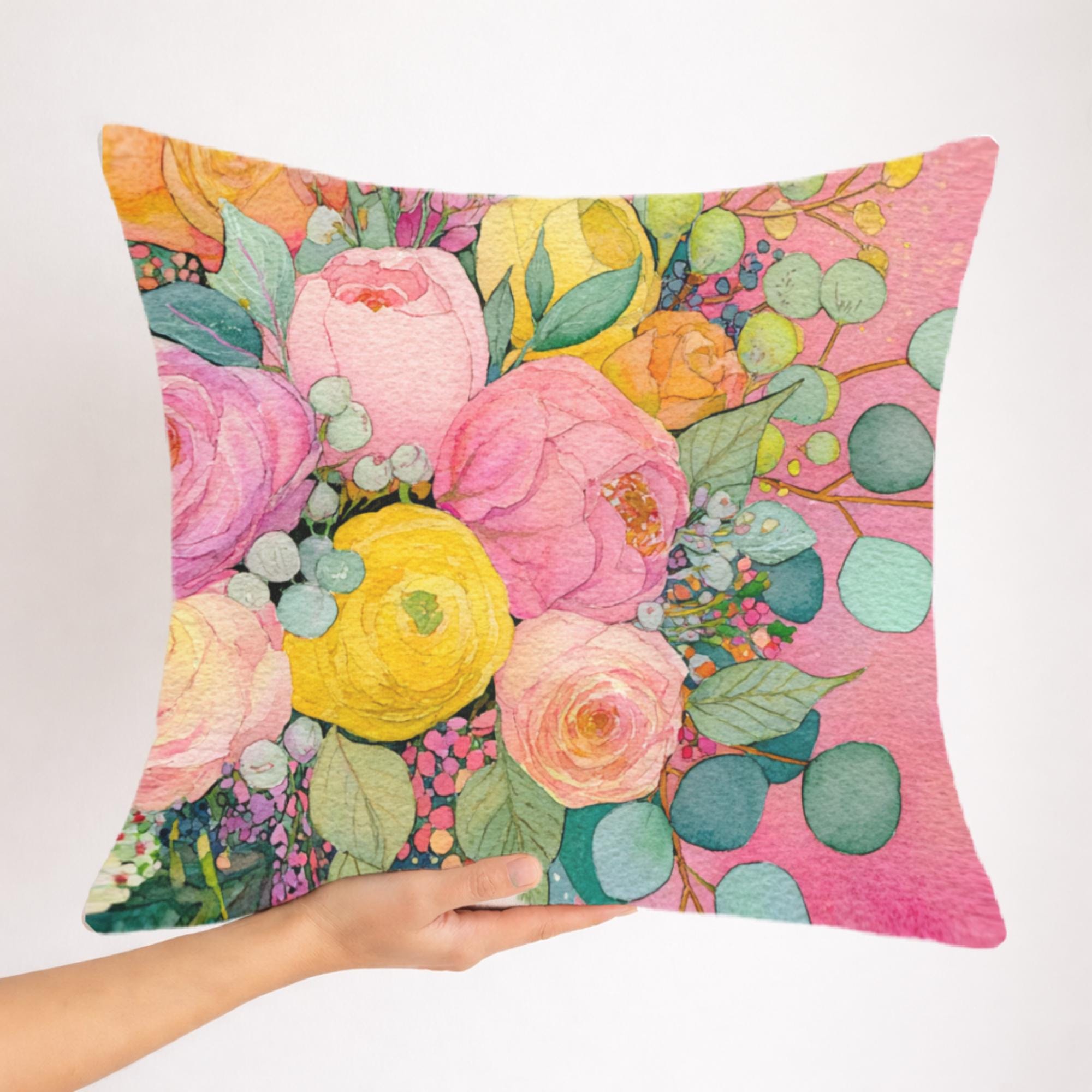Pink Yellow Floral Pillow, Pastel Garden Cushion, Romantic Botanical Throw Pillow, Cottagecore Pillowcase, Spring Couch Decor