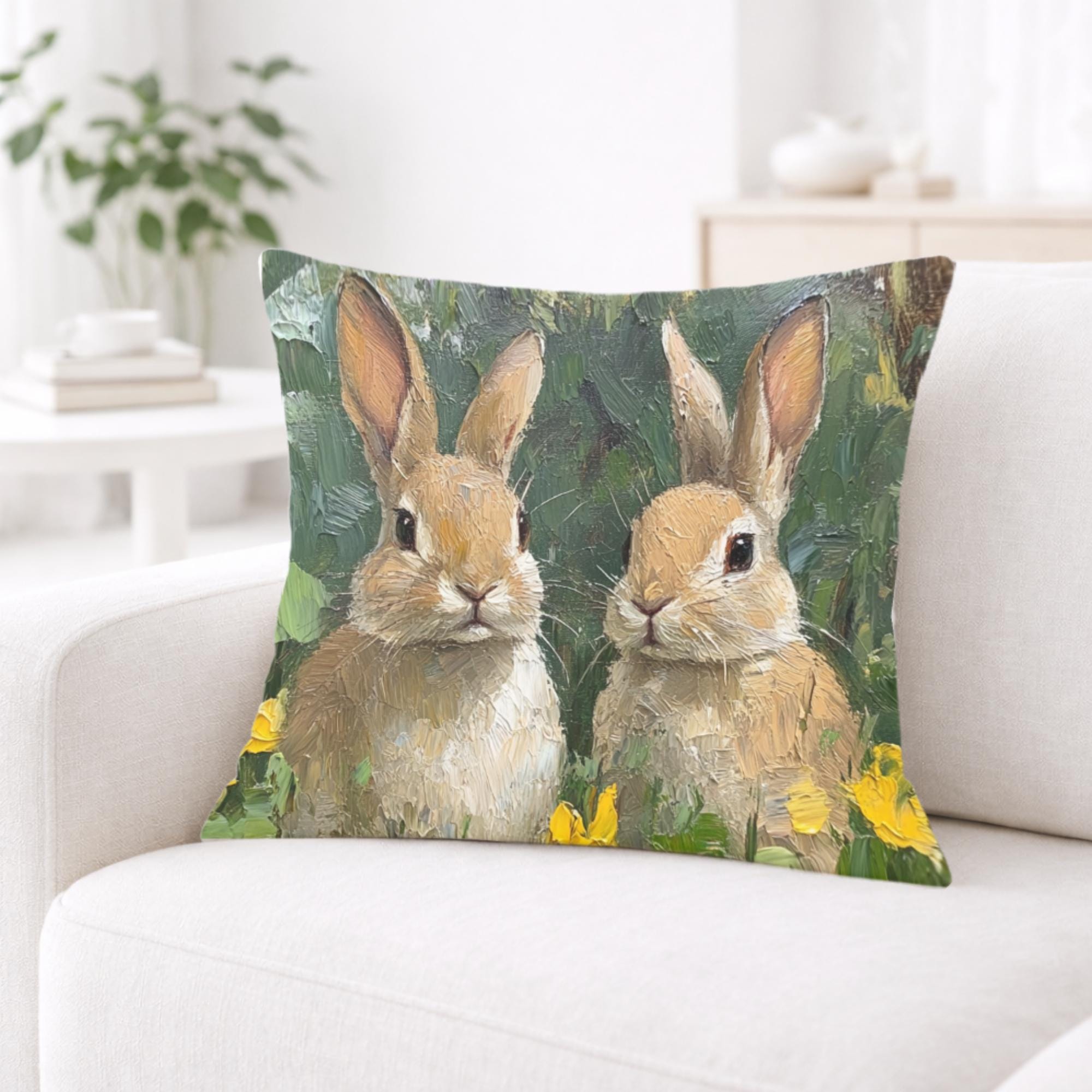 Spring Bunny Pair Pillow, Cottage Garden Rabbits Cushion, Whimsical Woodland Throw Pillow, Farmhouse Animal Pillowcase, Bunny Lover Decor