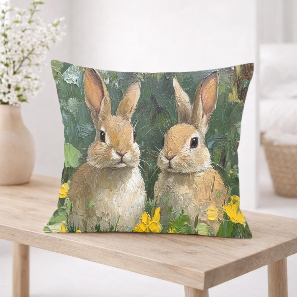 Spring Bunny Pair Pillow, Cottage Garden Rabbits Cushion, Whimsical Woodland Throw Pillow, Farmhouse Animal Pillowcase, Bunny Lover Decor